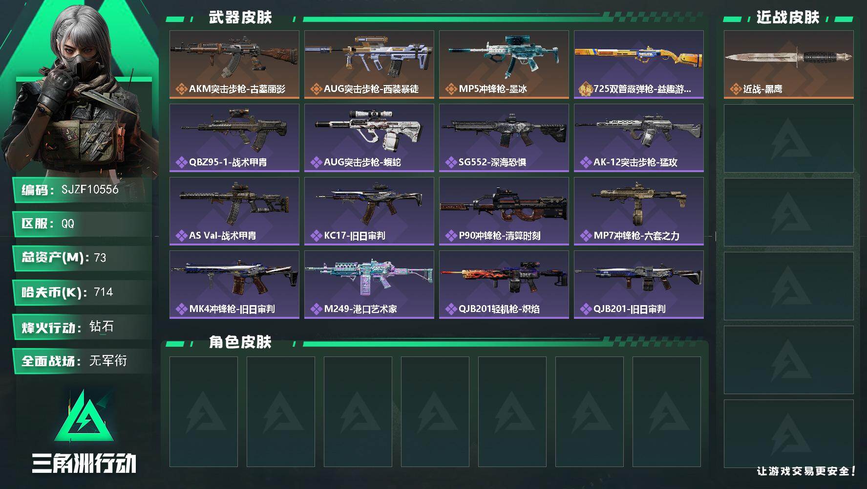 三角洲行动账号QQ【SJZF10556】总资产73M/哈夫币71万/传说枪皮数3/战场等级1/行动等级60/安全箱等时效性道具以游戏内数据为准，详情请看图/近战-黑鹰/AKM突击步枪-古墓丽影/AUG突击步枪-西装暴