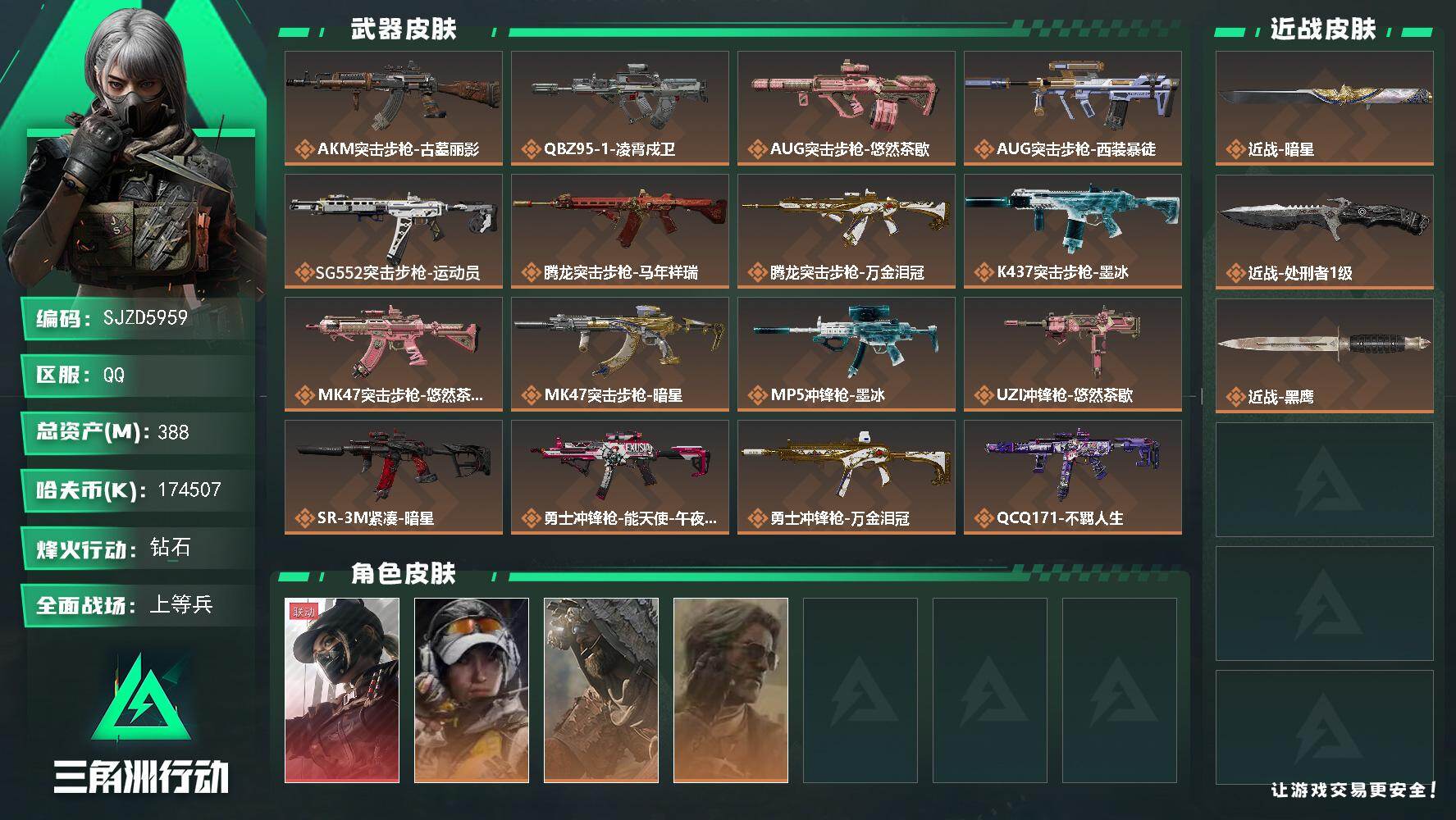 三角洲行动账号QQ【SJZD5959】总资产388M/哈夫币17450万/传说近战数2/干员外观数4/传说枪皮数26/战场等级27/行动等级60/安全箱等时效性道具以游戏内数据为准，详情请看图/露娜-黑·天际线/露娜