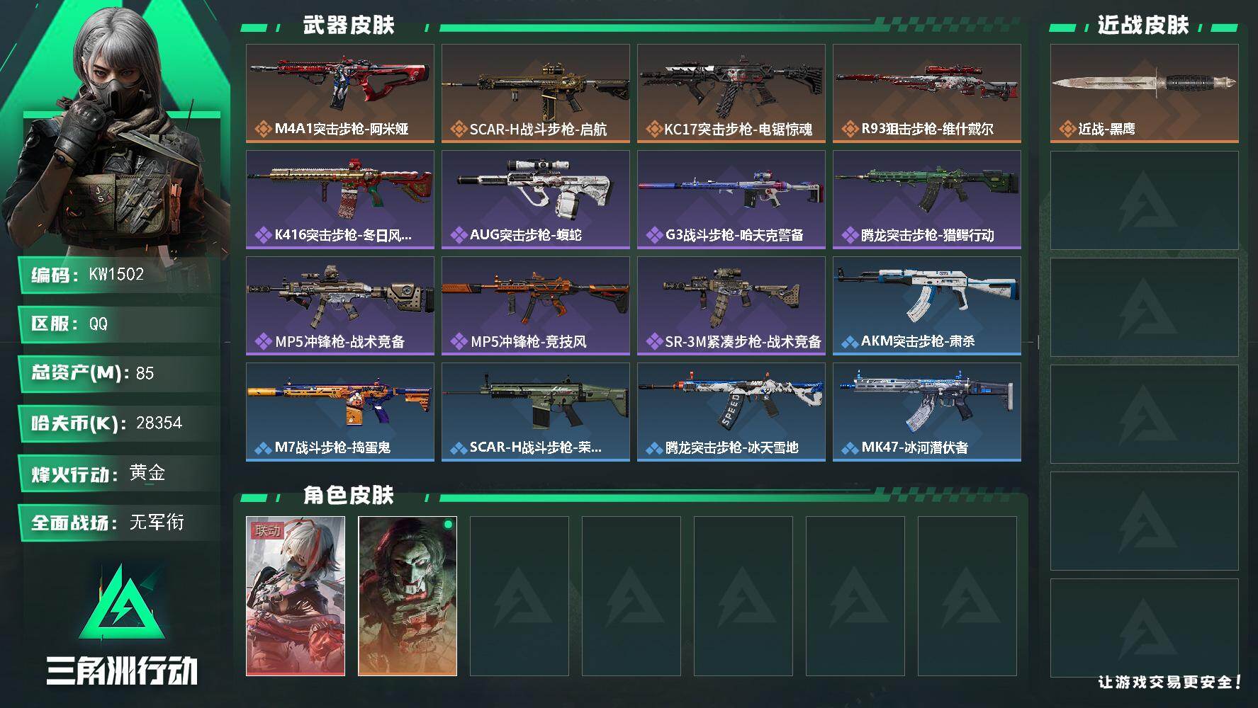 三角洲行动账号QQ【KW1502】总资产85M/哈夫币2835万/干员外观数2/传说枪皮数4/战场等级1/行动等级48/安全箱等时效性道具以游戏内数据为准，详情请看图/骇爪-维什戴尔/红狼-电锯惊魂/近战-黑鹰/M4