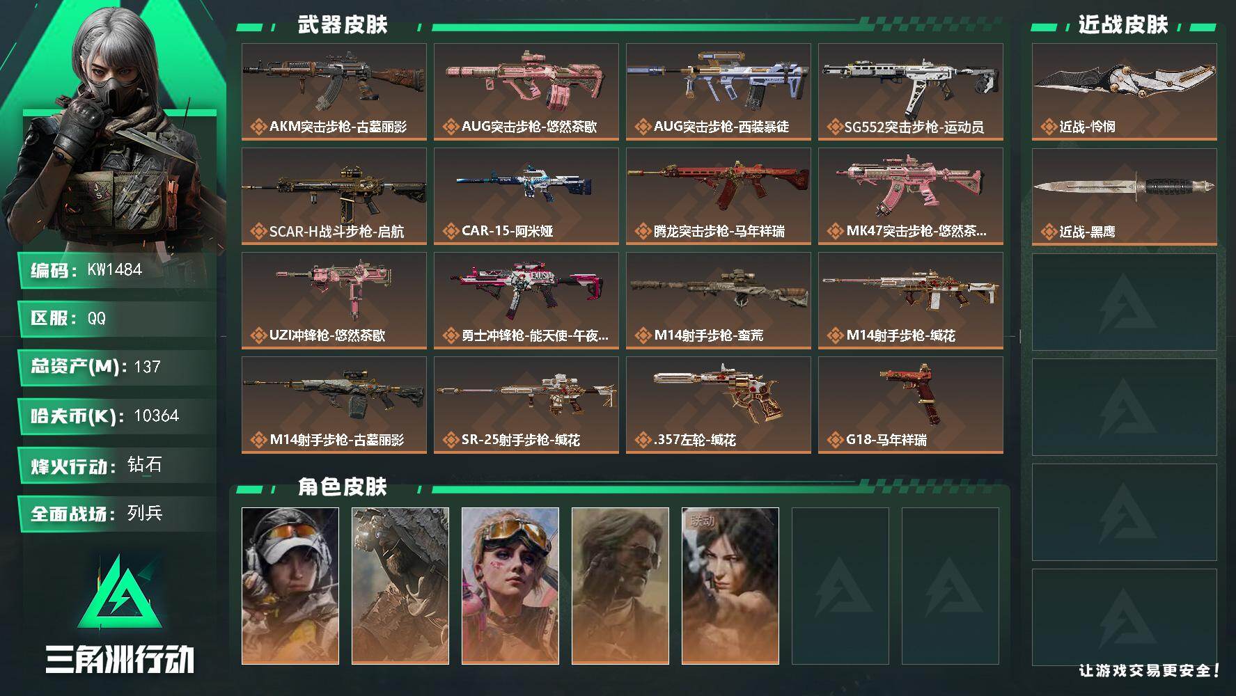 三角洲行动账号QQ【KW1484】总资产137M/哈夫币1036万/传说近战数1/干员外观数5/传说枪皮数17/战场等级17/行动等级60/安全箱等时效性道具以游戏内数据为准，详情请看图/露娜-金牌射手/乌鲁鲁-荒原