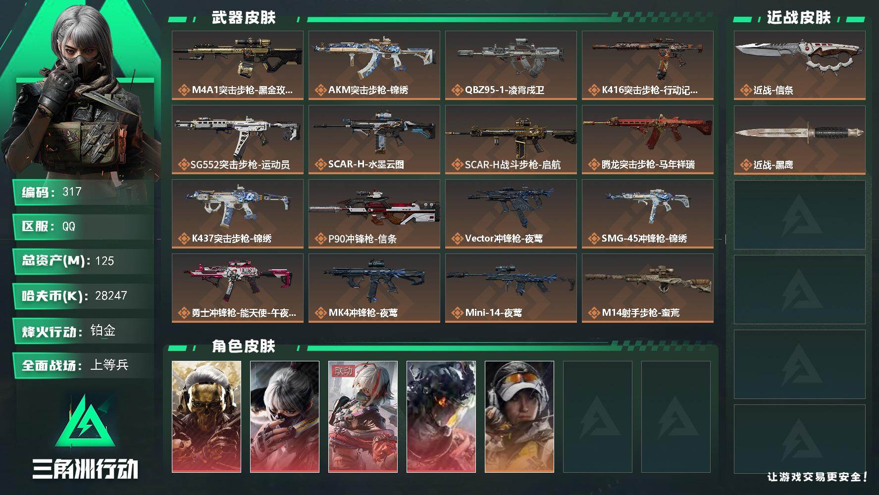 三角洲行动账号QQ125m总资产-28247k哈夫币-60烽火等级-铂金-28战场等级-上等兵
【干员外观】：红狼-蚀