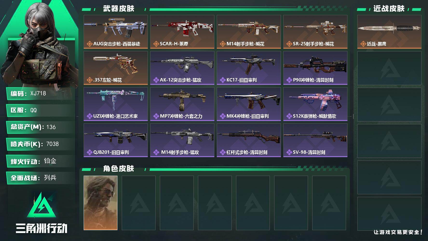 三角洲行动账号QQ【XJ718】总资产136M/哈夫币703万/干员外观数1/传说枪皮数5/战场等级12/行动等级60