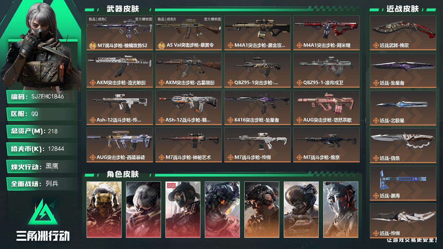 三角洲行动账号QQ【SJZEHC1846】EHC10227 4红皮，11金皮，6刀皮，2砖皮，极品B藏红花，蛟龙，白龙，蚀金玫瑰，天际线，水墨云图，北极星，挽歌，怜悯，坠星，信条，黑海
218m总资产-12844k哈