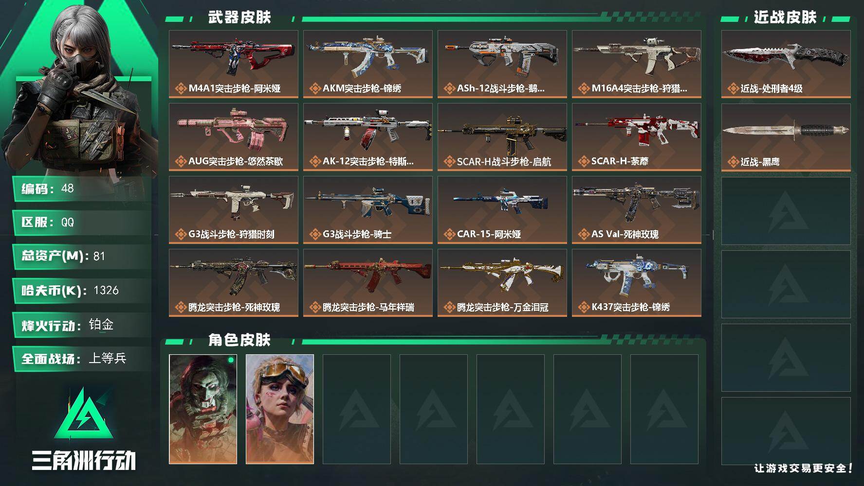 三角洲行动账号QQ81m总资产-1326k哈夫币-60烽火等级-铂金-50战场等级-上等兵
【干员外观】：红狼-电锯惊