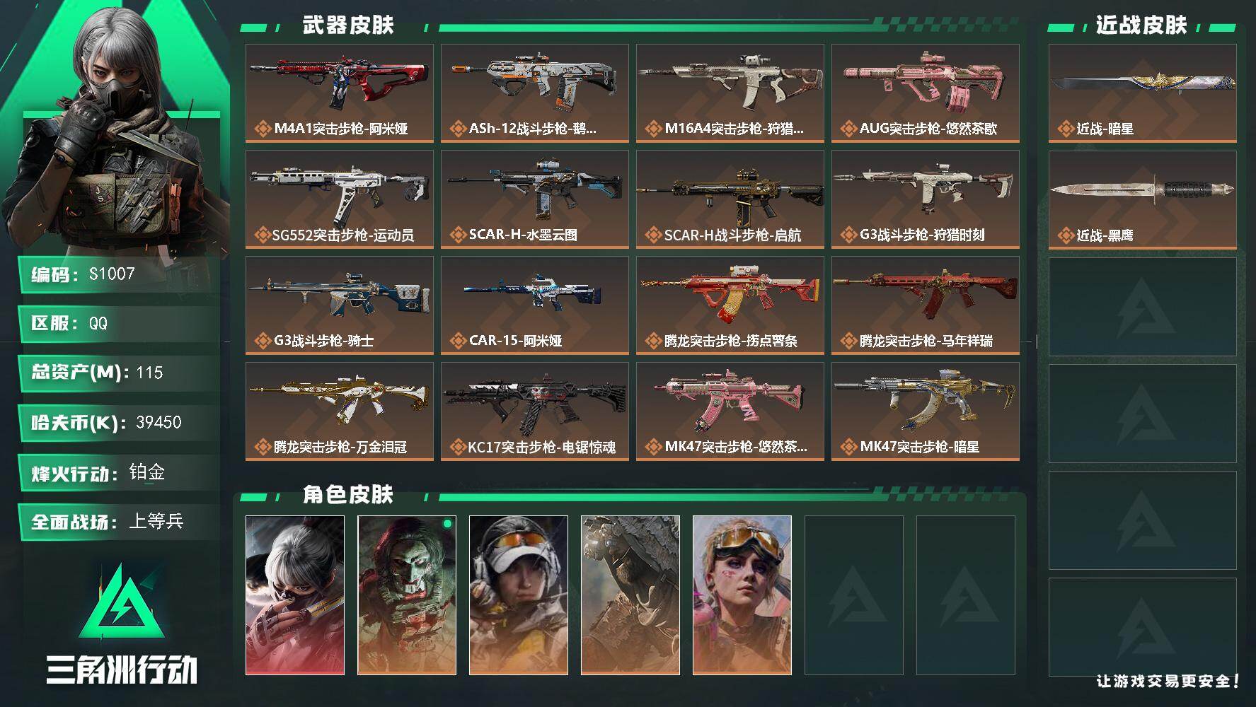 三角洲行动账号QQ【S1007】115m总资产-39450k哈夫币-60烽火等级-铂金-50战场等级-上等兵
【干员外观】：骇爪-水墨云图，红狼-电锯惊魂，露娜-金牌射手，乌鲁鲁-荒原猎手，蛊-不羁人生
【近战皮肤】