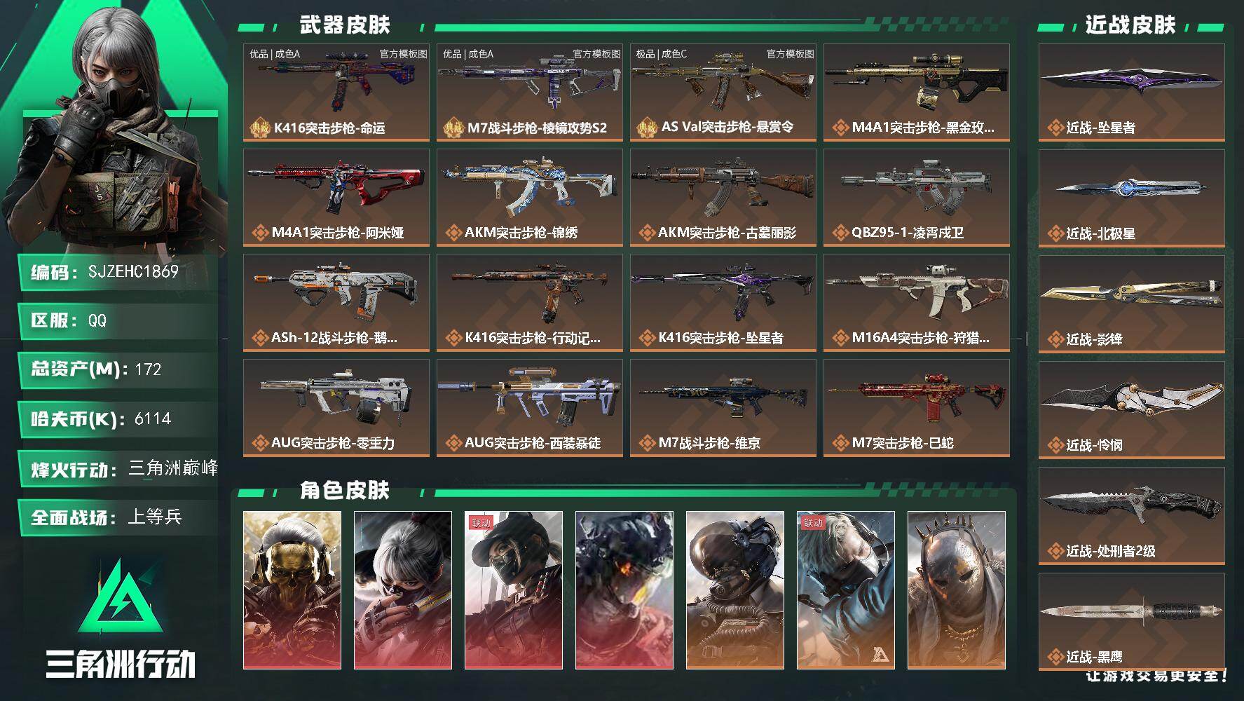 三角洲行动账号QQ【SJZEHC1869】EHC50253
4红皮4刀皮/水墨云图/蚀金玫瑰/凌霄戍卫/天际线/怜悯/影锋/北极星/坠星者/优品a-k416/优品a-m7/极品c-巨浪/15高级咖啡豆/
172m总资