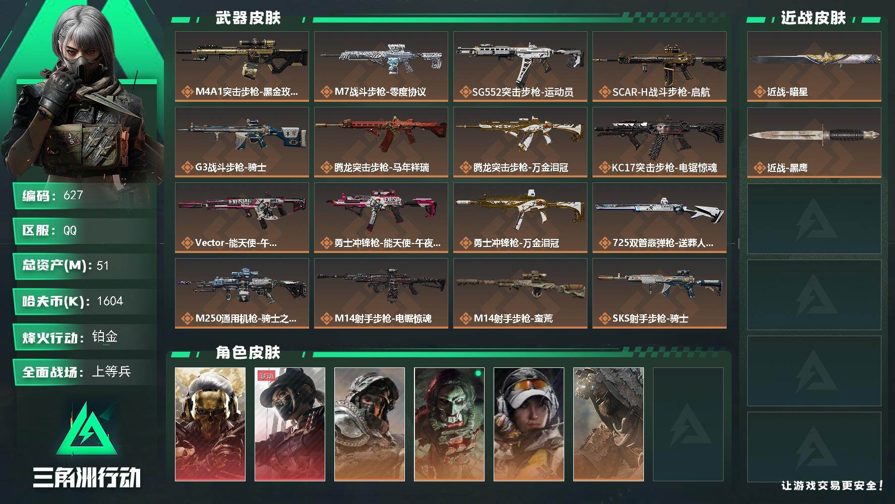 三角洲行动账号QQ51m总资产-1604k哈夫币-60烽火等级-铂金-49战场等级-上等兵
【干员外观】：红狼-蚀金玫