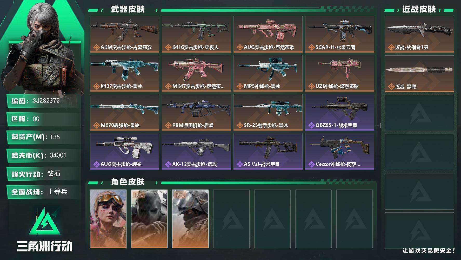 三角洲行动账号QQ【SJZS2372】总资产135M/哈夫币3400万/传说近战数1/干员外观数3/传说枪皮数11/战场等级25/行动等级60/安全箱等时效性道具以游戏内数据为准，详情请看图/蛊-不羁人生/无名-守夜