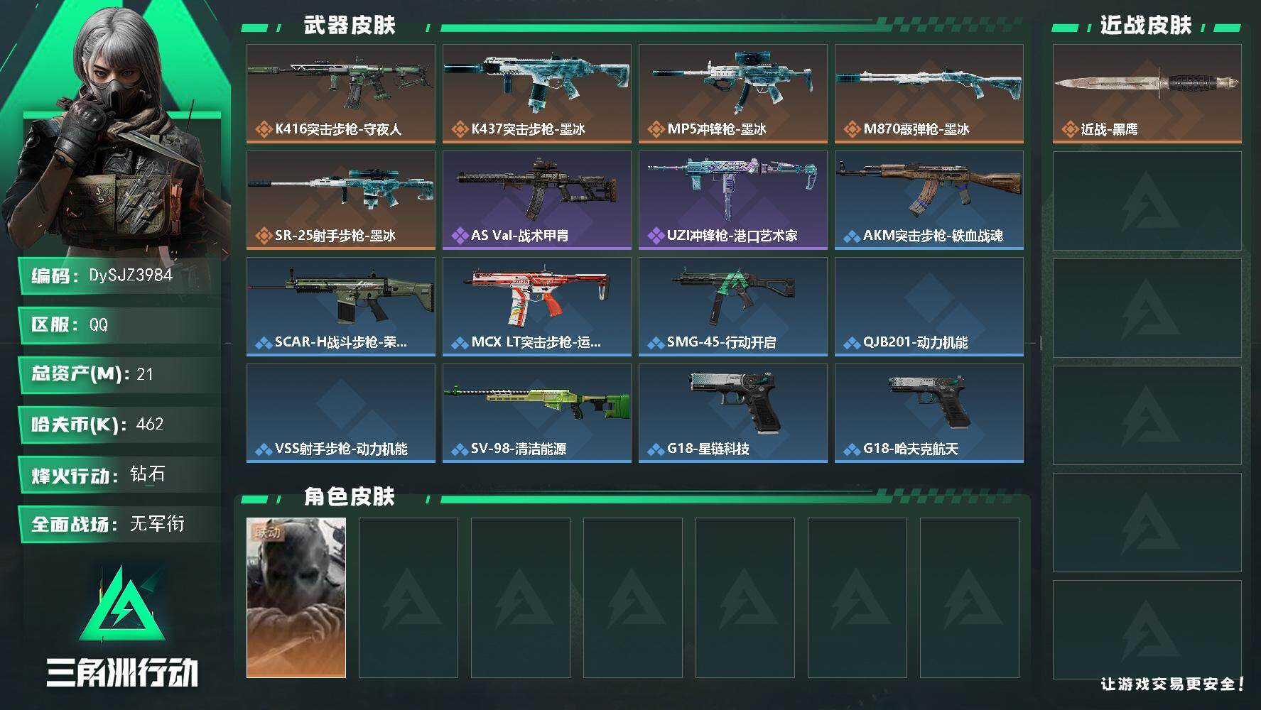 三角洲行动账号QQ【DySJZ3984】总资产21M/哈夫币46万/干员外观数1/传说枪皮数5/战场等级1/行动等级60/安全箱等时效性道具以游戏内数据为准，详情请看图/无名-守夜人/近战-黑鹰/K416突击步枪-守
