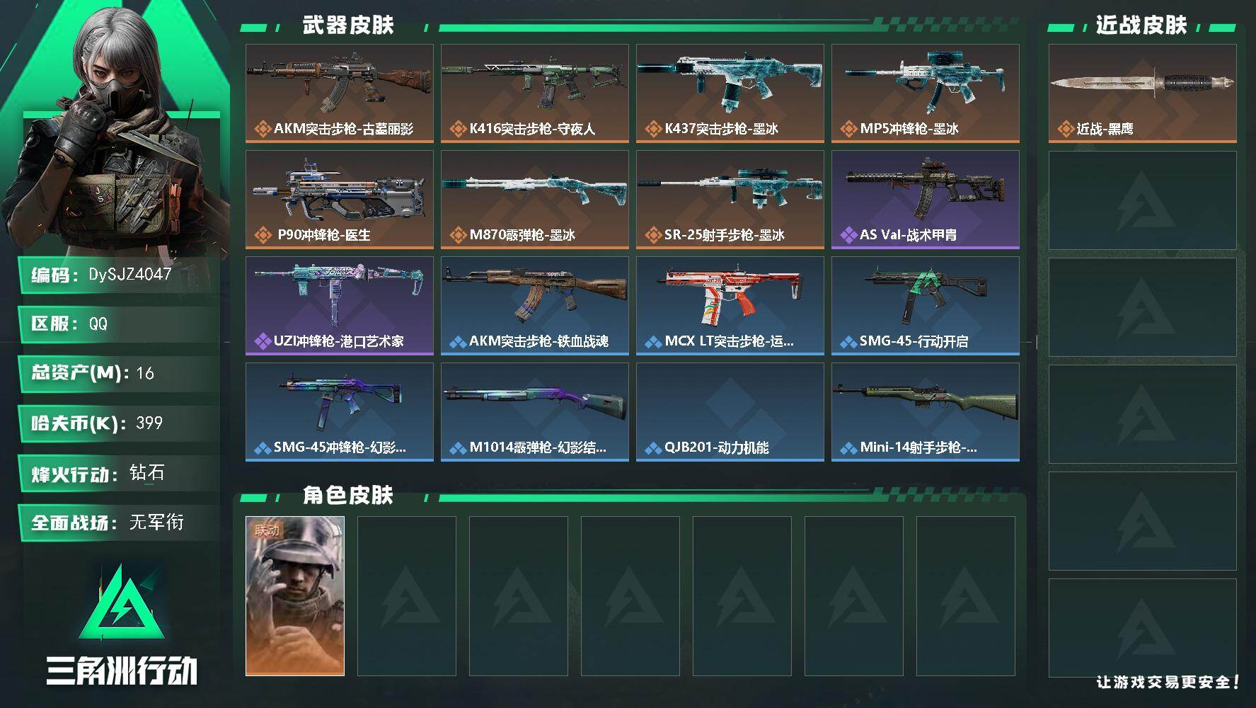 三角洲行动账号QQ【DySJZ4047】总资产16M/哈夫币39万/干员外观数1/传说枪皮数7/战场等级1/行动等级60/安全箱等时效性道具以游戏内数据为准，详情请看图/蜂医-医生/近战-黑鹰/AKM突击步枪-古墓丽