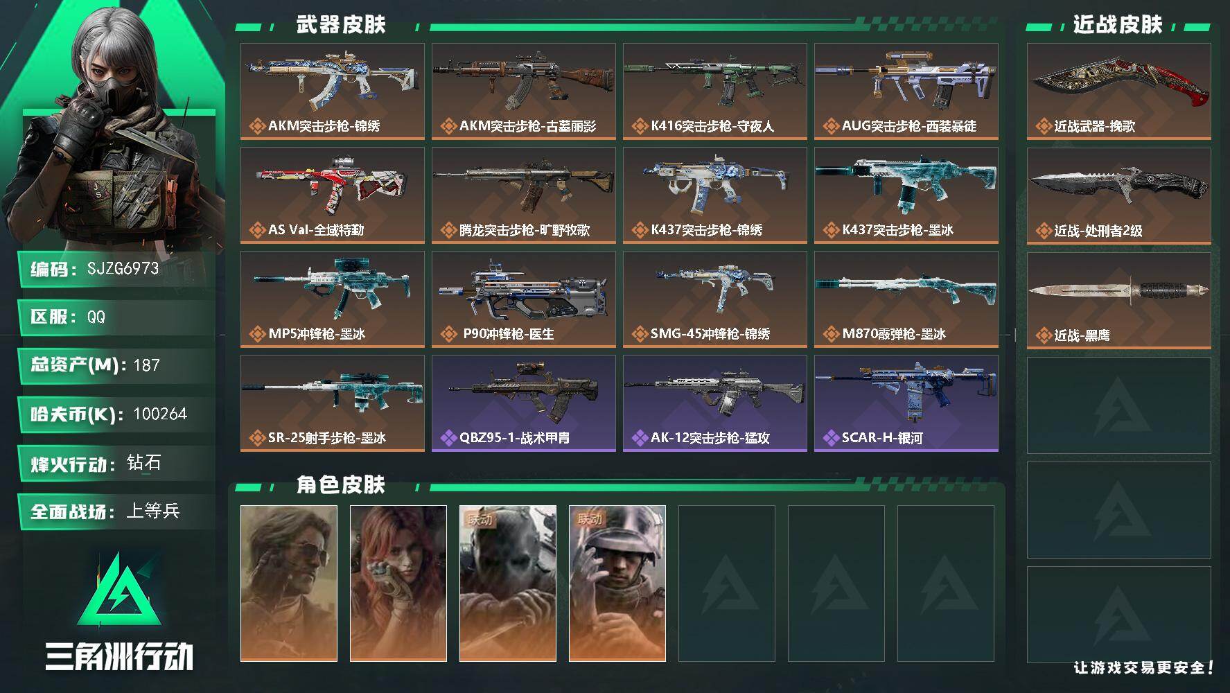 三角洲行动账号QQ【SJZG6973】总资产187M/哈夫币10026万/传说近战数2/干员外观数4/传说枪皮数13/