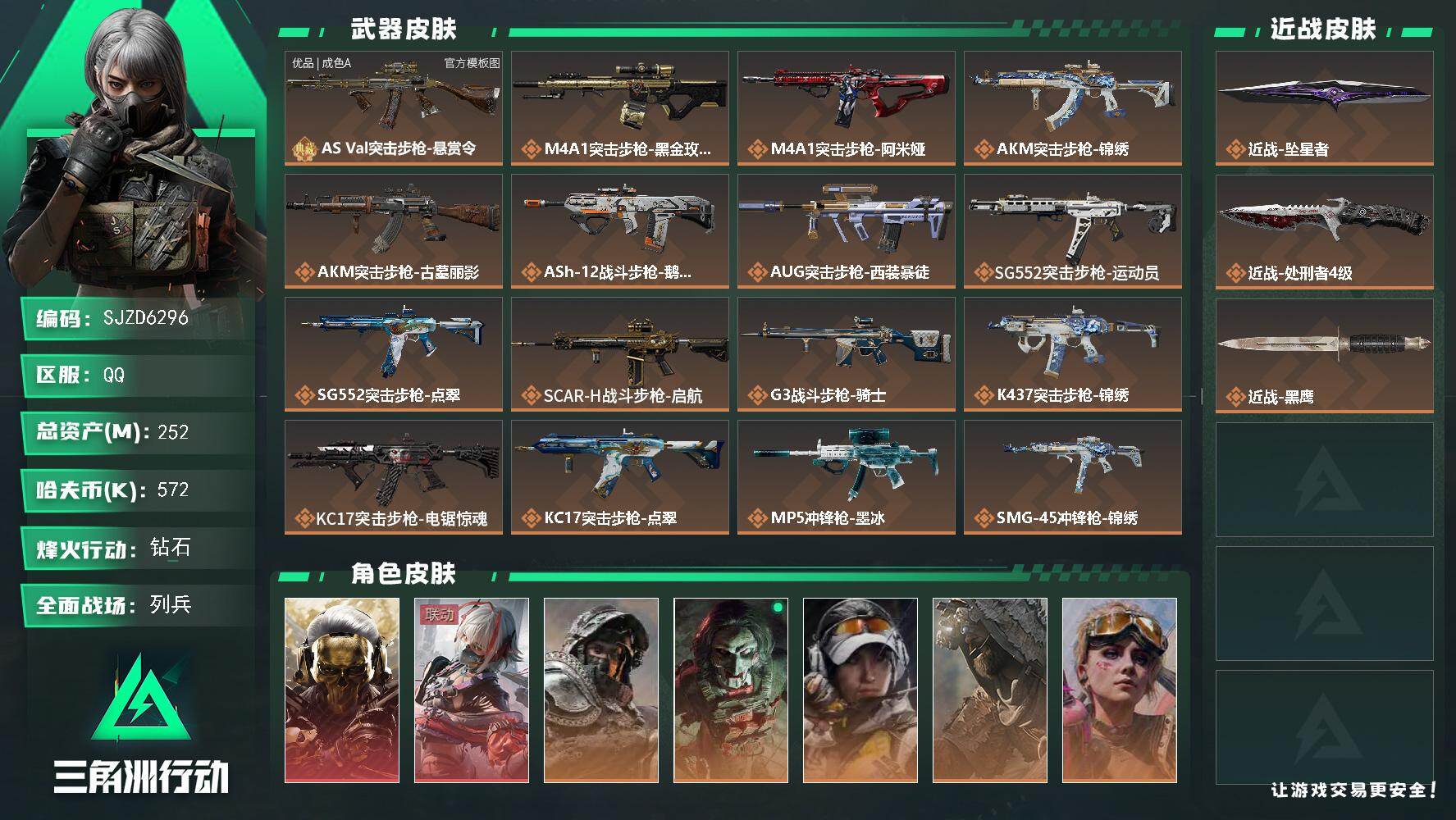 三角洲行动账号QQ【SJZD6296】总资产252M/哈夫币57万/传说近战数2/干员外观数9/典藏外观数1/传说枪皮数27/战场等级12/行动等级60/安全箱等时效性道具以游戏内数据为准，详情请看图/红狼-蚀金玫瑰