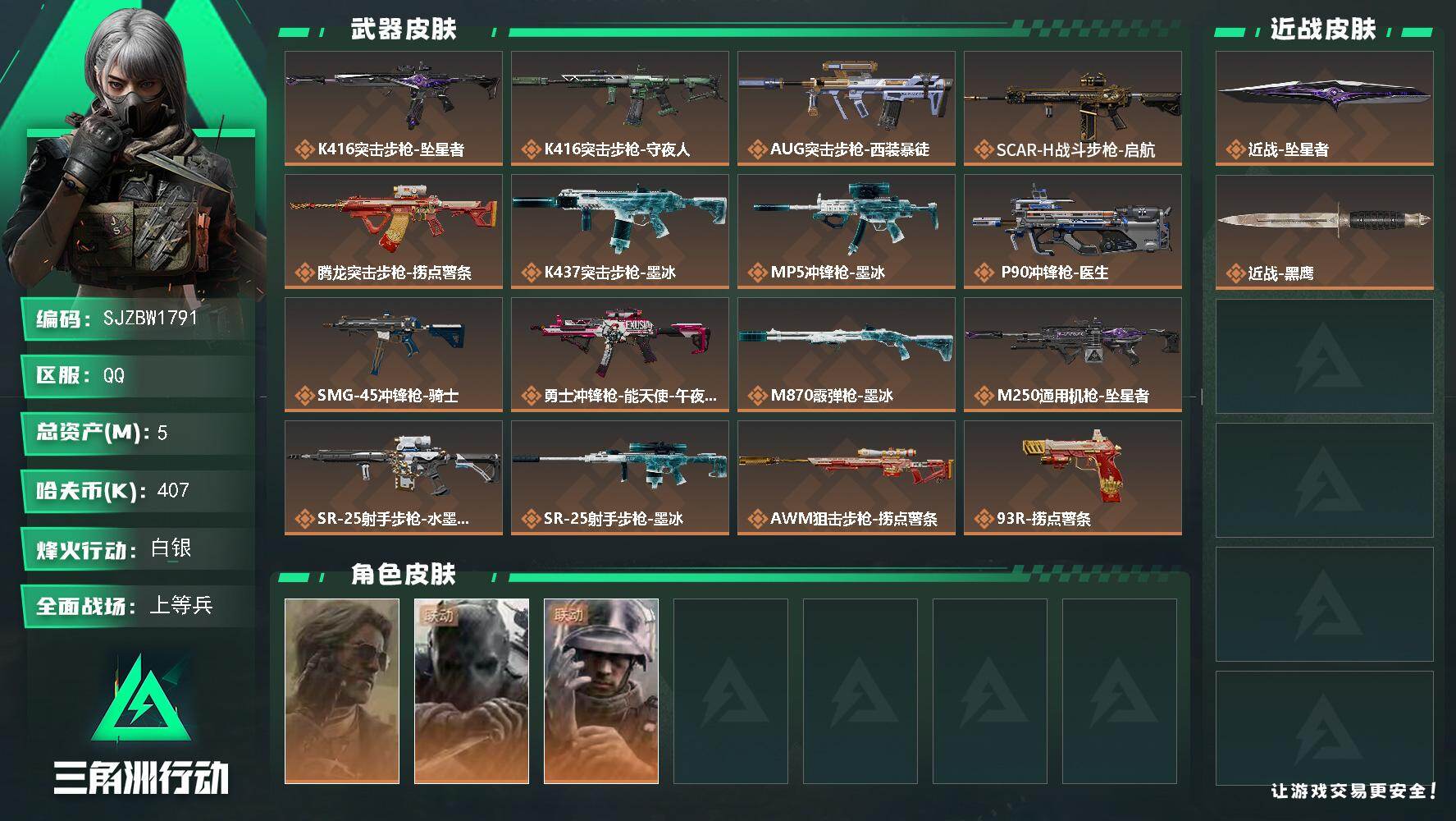 三角洲行动账号QQ【SJZBW1791】总资产5M/哈夫币40万/传说近战数1/干员外观数3/传说枪皮数17/战场等级26/行动等级60/安全箱等时效性道具以游戏内数据为准，详情请看图/银翼-未结卷宗/无名-守夜人/