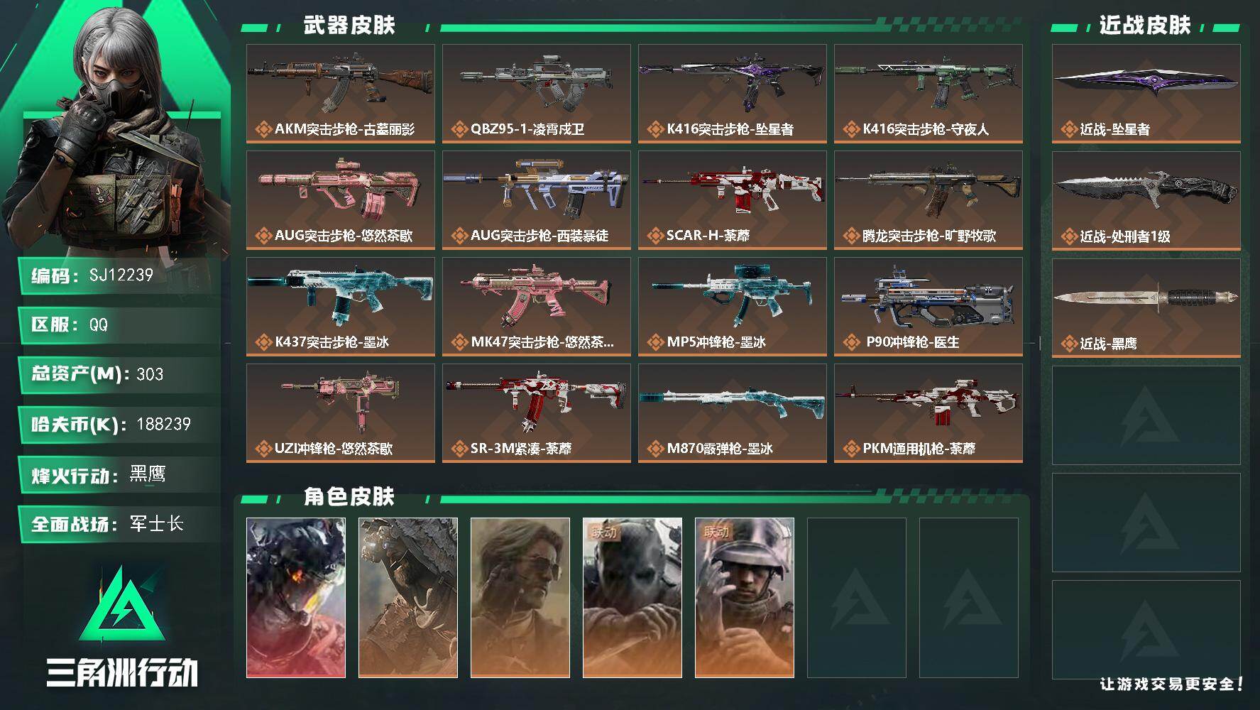 三角洲行动账号QQ【SJ12239】总资产303M/哈夫币18823万/传说近战数2/干员外观数5/传说枪皮数22/战场等级25/行动等级60/安全箱等时效性道具以游戏内数据为准，详情请看图/威龙-凌霄戍卫/乌鲁鲁-