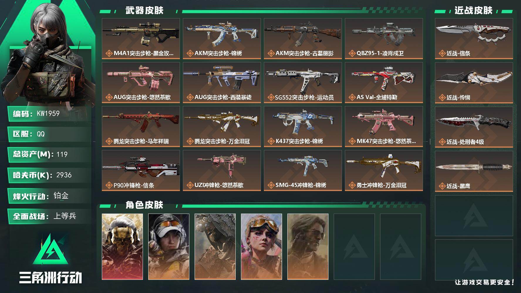 三角洲行动账号QQ【KW1959】总资产119M/哈夫币293万/传说近战数3/干员外观数5/传说枪皮数22/战场等级28/行动等级60/安全箱等时效性道具以游戏内数据为准，详情请看图/红狼-蚀金玫瑰/露娜-金牌射手