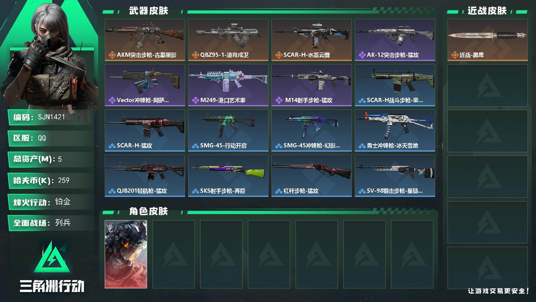 三角洲行动账号QQ【SJN1421】总资产5M/哈夫币25万/干员外观数1/传说枪皮数3/战场等级9/行动等级52/安全箱等时效性道具以游戏内数据为准，详情请看图/威龙-凌霄戍卫/近战-黑鹰/AKM突击步枪-古墓丽影
