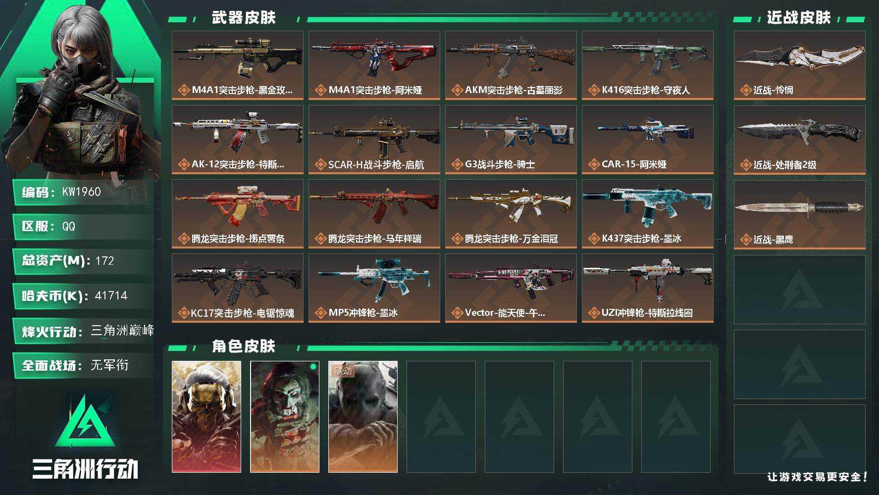 三角洲行动账号QQ【KW1960】总资产172M/哈夫币4171万/传说近战数2/干员外观数3/传说枪皮数29/战场等级1/行动等级60/安全箱等时效性道具以游戏内数据为准，详情请看图/红狼-蚀金玫瑰/红狼-电锯惊魂