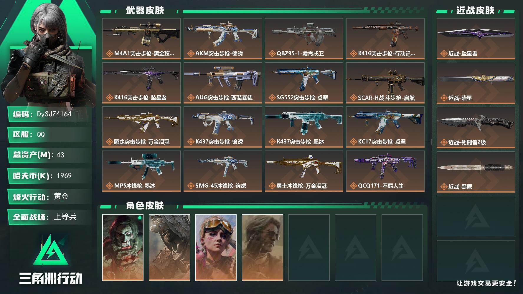 三角洲行动账号QQ【DySJZ4164】总资产43M/哈夫币196万/传说近战数3/干员外观数4/传说枪皮数27/战场等级32/行动等级60/安全箱等时效性道具以游戏内数据为准，详情请看图/红狼-电锯惊魂/乌鲁鲁-荒