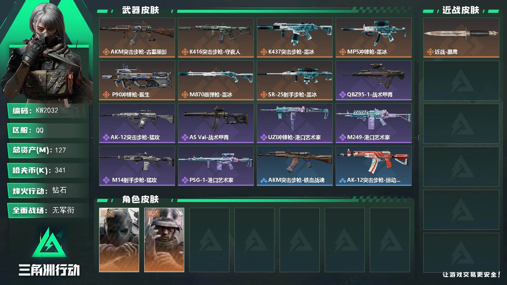 三角洲行动账号QQ【KW2032】总资产127M/哈夫币34万/干员外观数2/传说枪皮数7/战场等级5/行动等级60/安全箱等时效性道具以游戏内数据为准，详情请看图/无名-守夜人/蜂医-医生/近战-黑鹰/AKM突击步