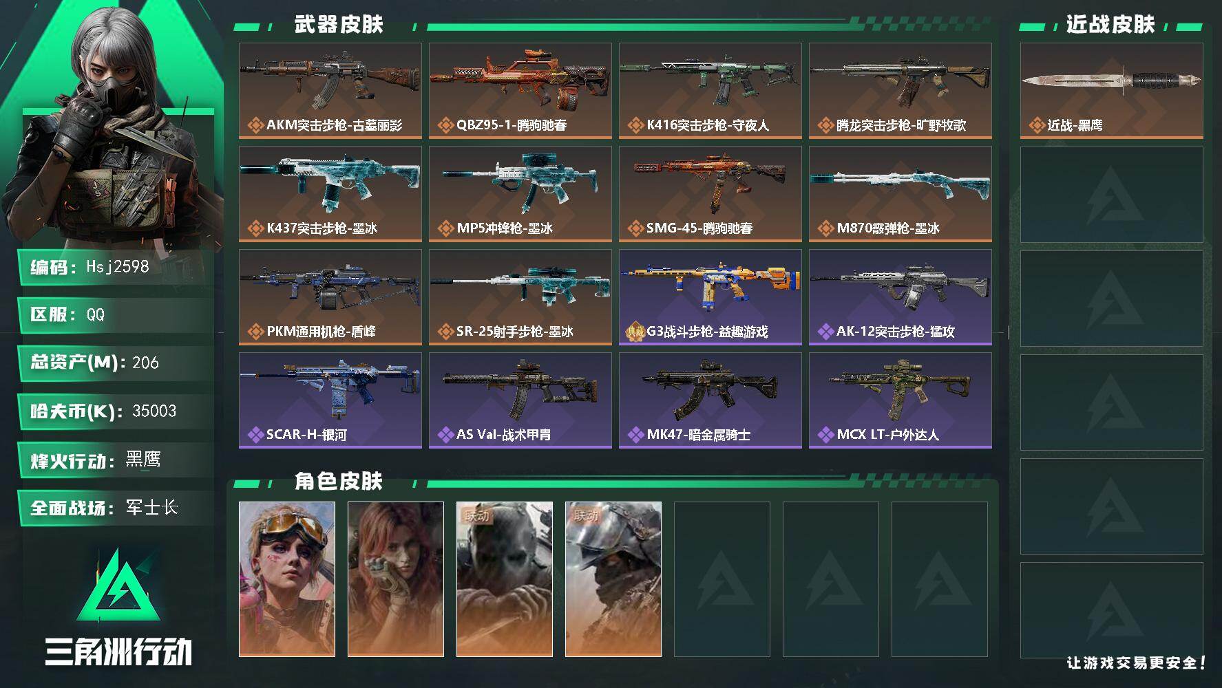 三角洲行动账号QQ【特价秒杀】【总资产206.2m流动资产181.5m哈夫币3500w】可二次--全面战场等级：24/