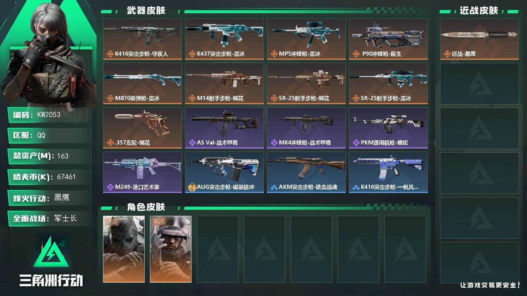三角洲行动账号QQ【KW2053】总资产163M/哈夫币6746万/干员外观数2/传说枪皮数9/战场等级17/行动等级60/安全箱等时效性道具以游戏内数据为准，详情请看图/无名-守夜人/蜂医-医生/近战-黑鹰/K41