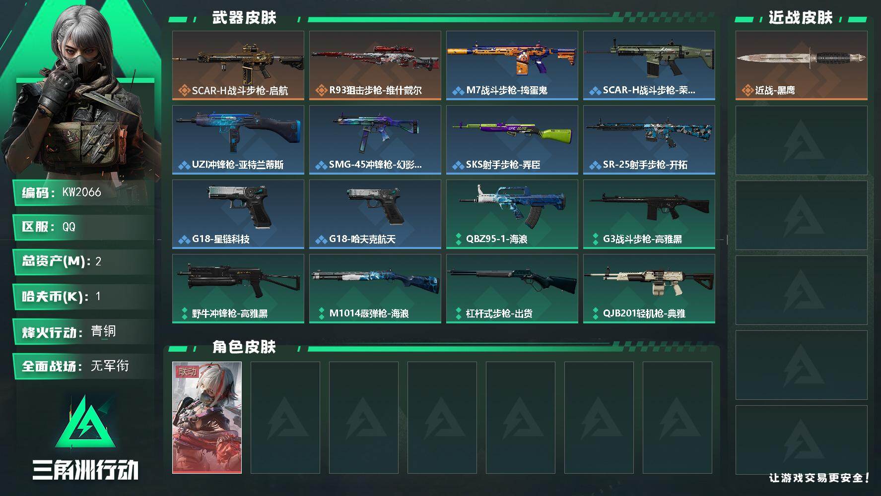 三角洲行动账号QQ【KW2066】总资产2M/哈夫币0万/干员外观数1/传说枪皮数2/战场等级1/行动等级38/安全箱等时效性道具以游戏内数据为准，详情请看图/骇爪-维什戴尔/近战-黑鹰/SCAR-H战斗步枪-启航/