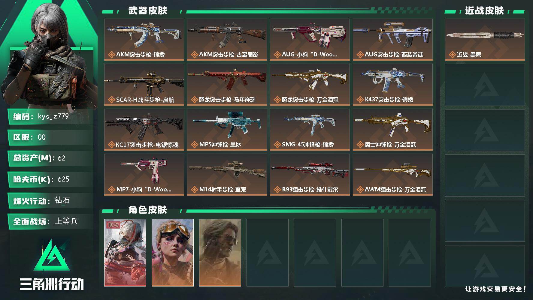 三角洲行动账号QQ62m总资产-625k哈夫币-60烽火等级-钻石-32战场等级-上等兵
【干员外观】：骇爪-维什戴尔