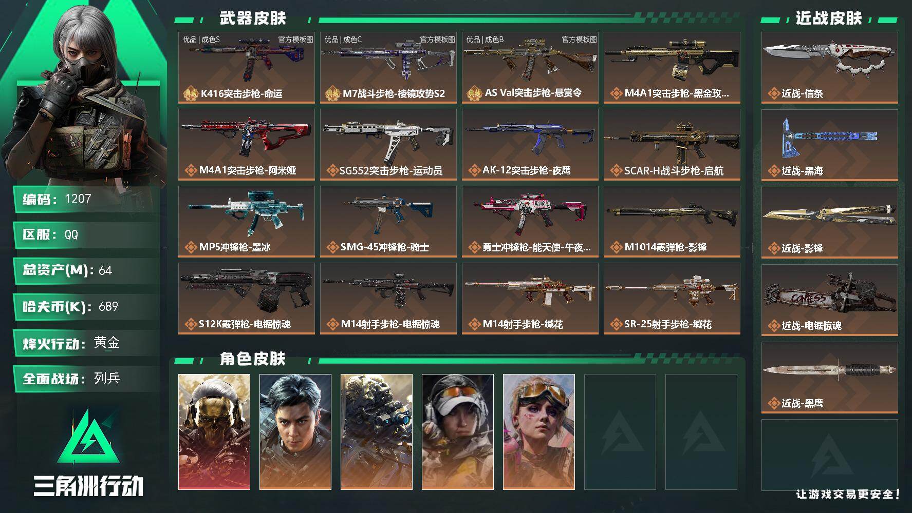 三角洲行动账号QQ64m总资产-689k哈夫币-60烽火等级-黄金-35战场等级-列兵
【干员外观】：红狼-蚀金玫瑰，