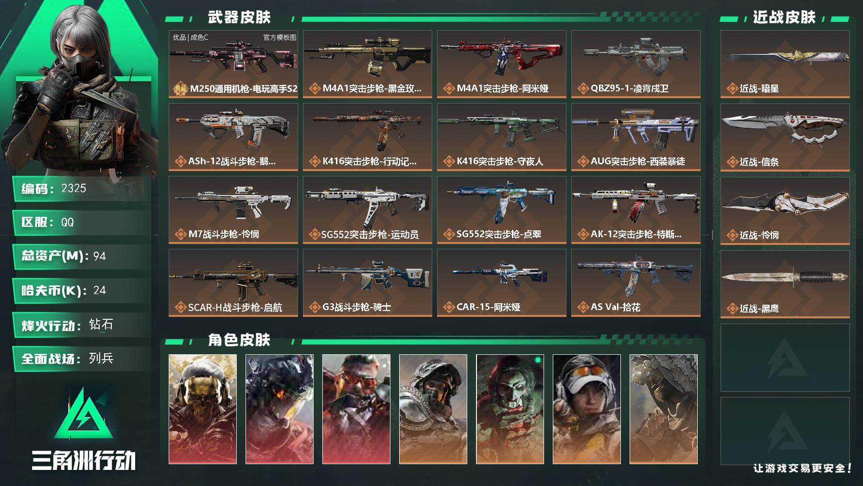 三角洲行动账号QQ94m总资产-24k哈夫币-60烽火等级-钻石-35战场等级-列兵
【干员外观】：红狼-蚀金玫瑰，威