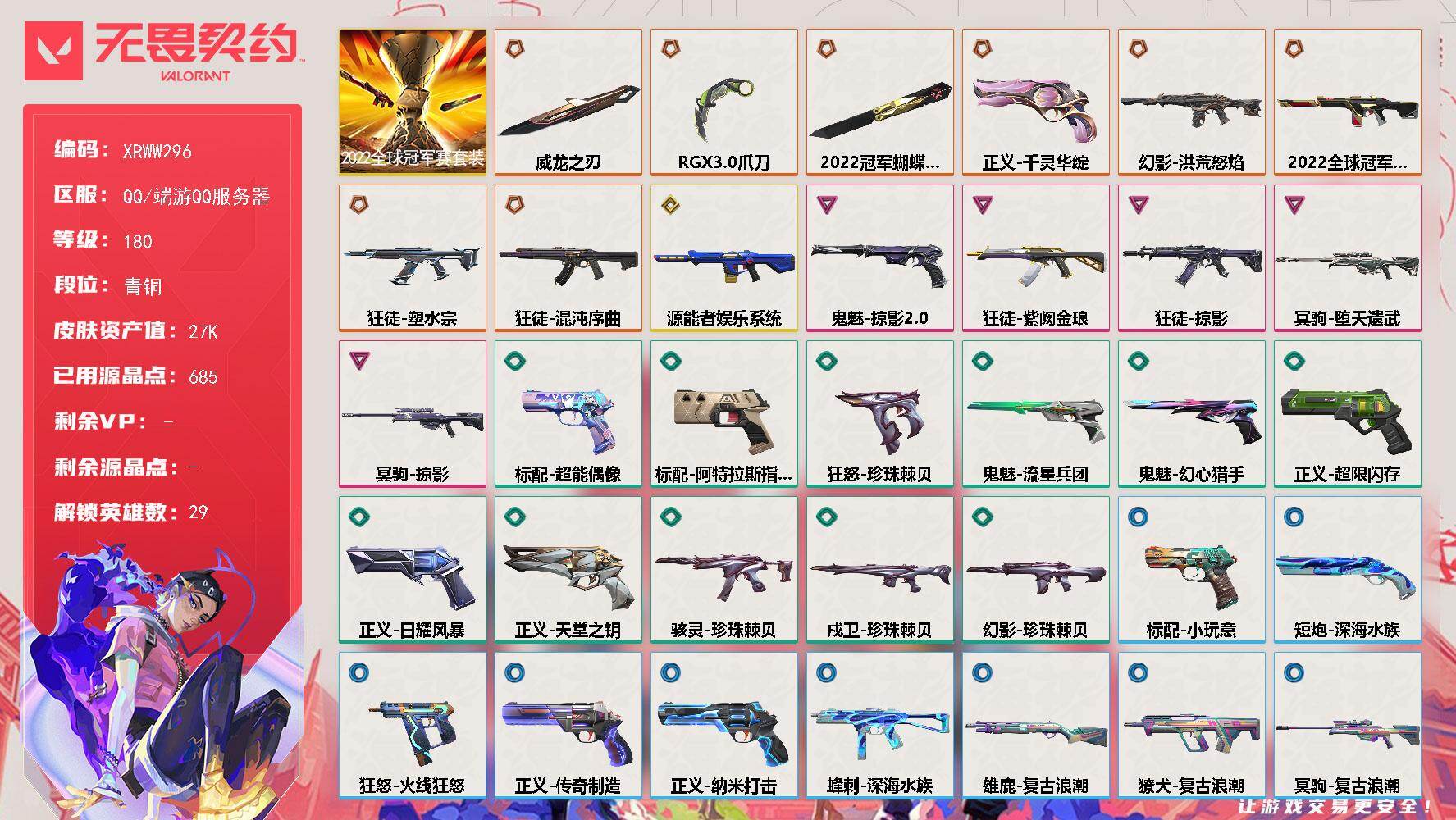 无畏契约账号QQ【XRWW296】LV等级180/皮肤总价值27030/段位青铜/总皮肤数量36/刀皮数量3/枪皮数量33/套装数量1/具体详情请看图/2022全球冠军赛/幻棱/炼狱/维斯/暮蝶/钛狐/壹决/铁臂/