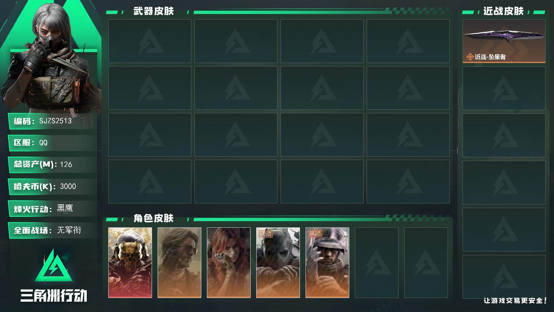 三角洲行动账号QQ【干员外观】：红狼-蚀金玫瑰，无名-守夜人，蜂医-医生，疾风-西部往事，银翼-未结卷宗
【近战皮肤】：近战-坠星者
