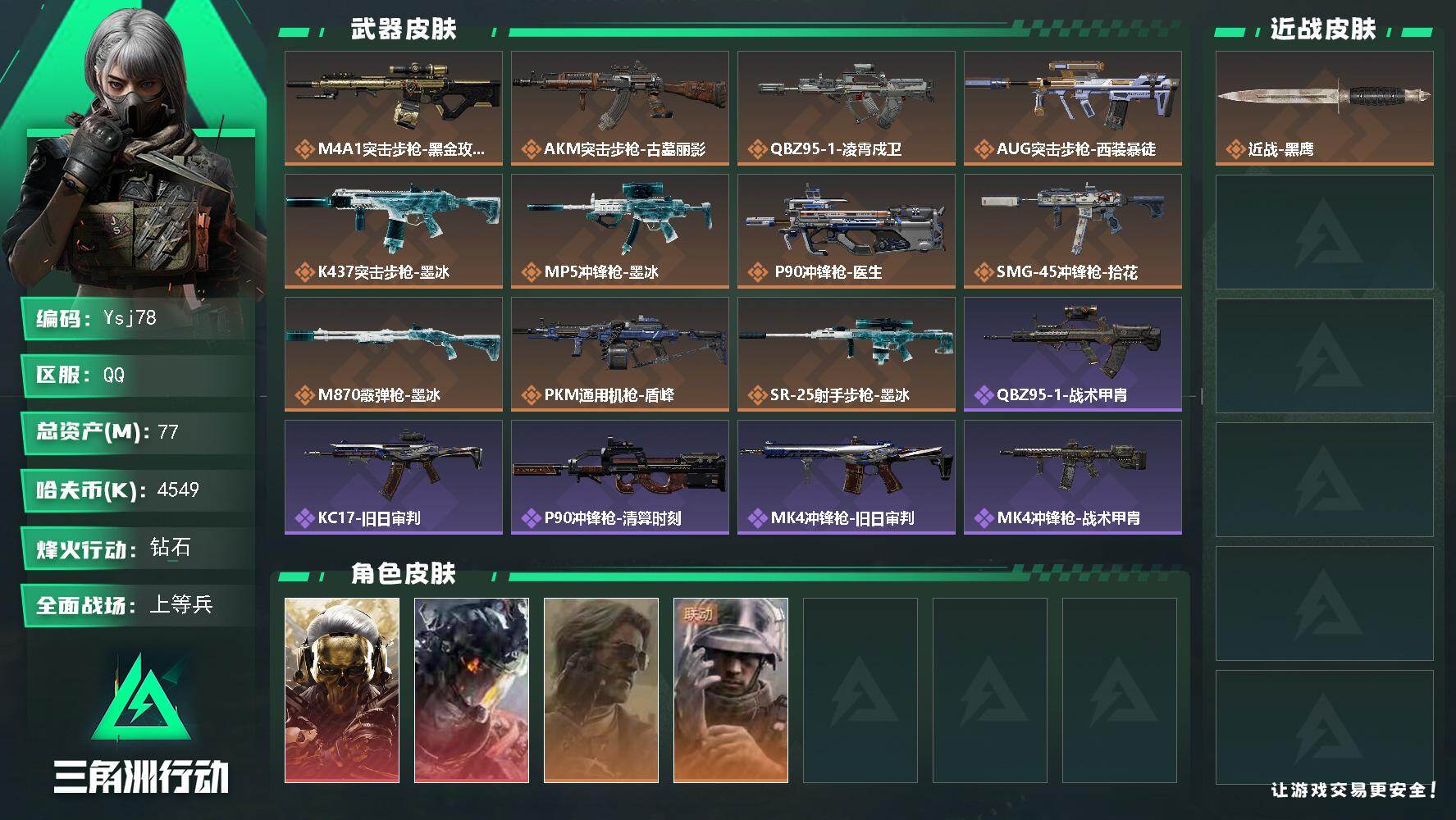 三角洲行动账号QQ【特价秒杀】【总资产77M流动资产60M哈夫币454w】全面战场等级：15/烽火地带等级：55【蚀金