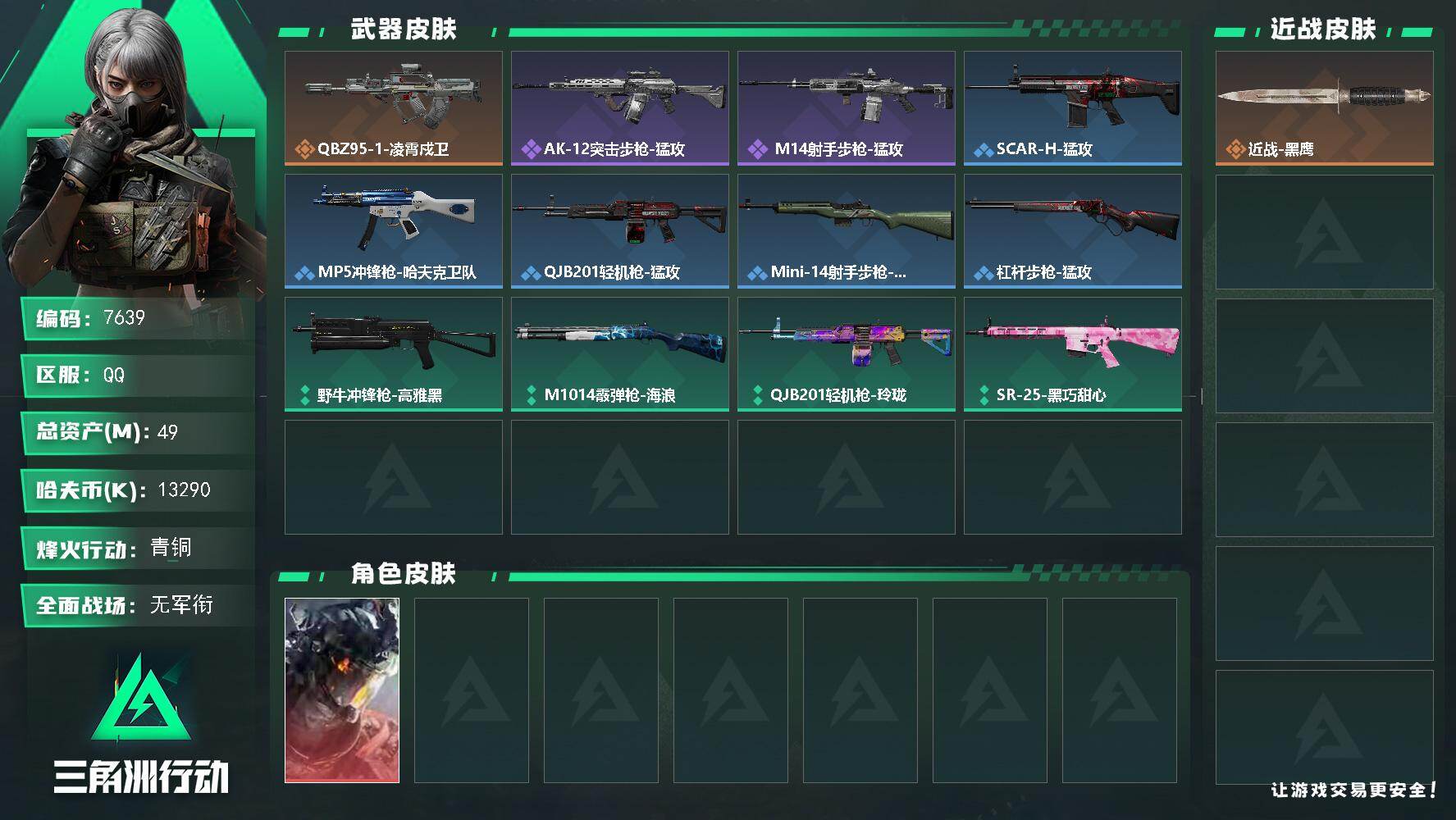 三角洲行动账号QQ【7639】49m总资产-13290k哈夫币-48烽火等级-青铜-2战场等级-无军衔
【干员外观】：