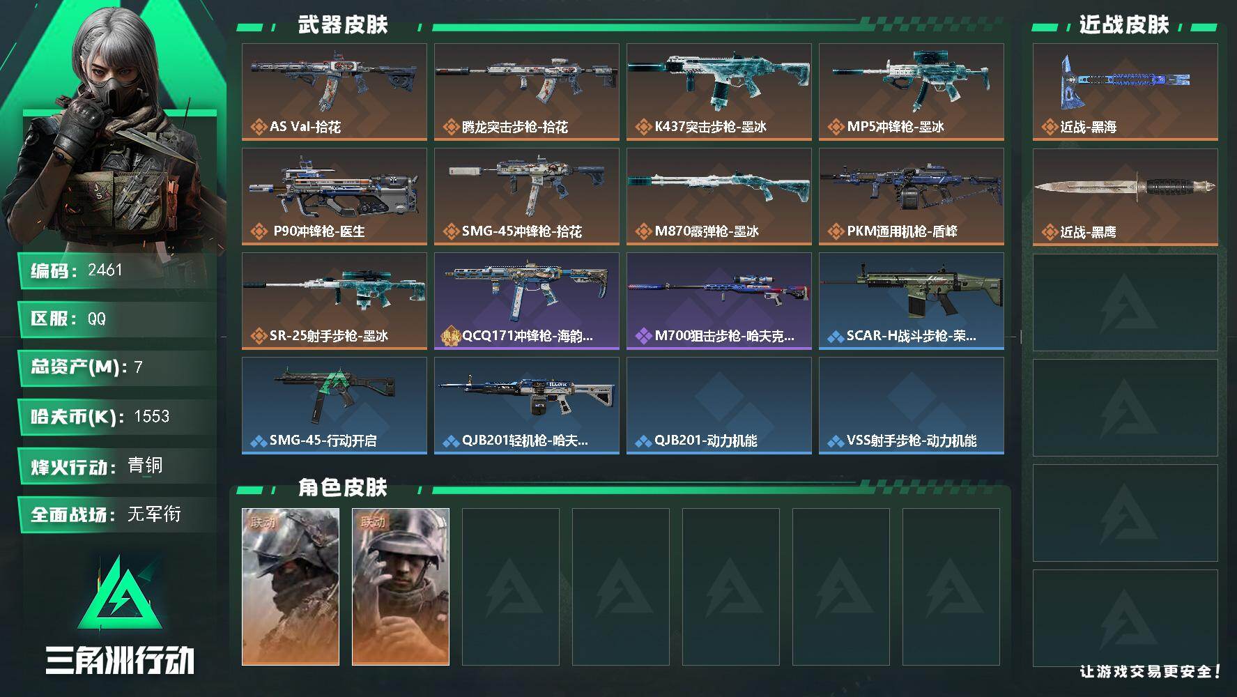 三角洲行动账号QQ7m总资产-1553k哈夫币-50烽火等级-青铜-1战场等级-无军衔
【干员外观】：深蓝-盾峰，蜂医