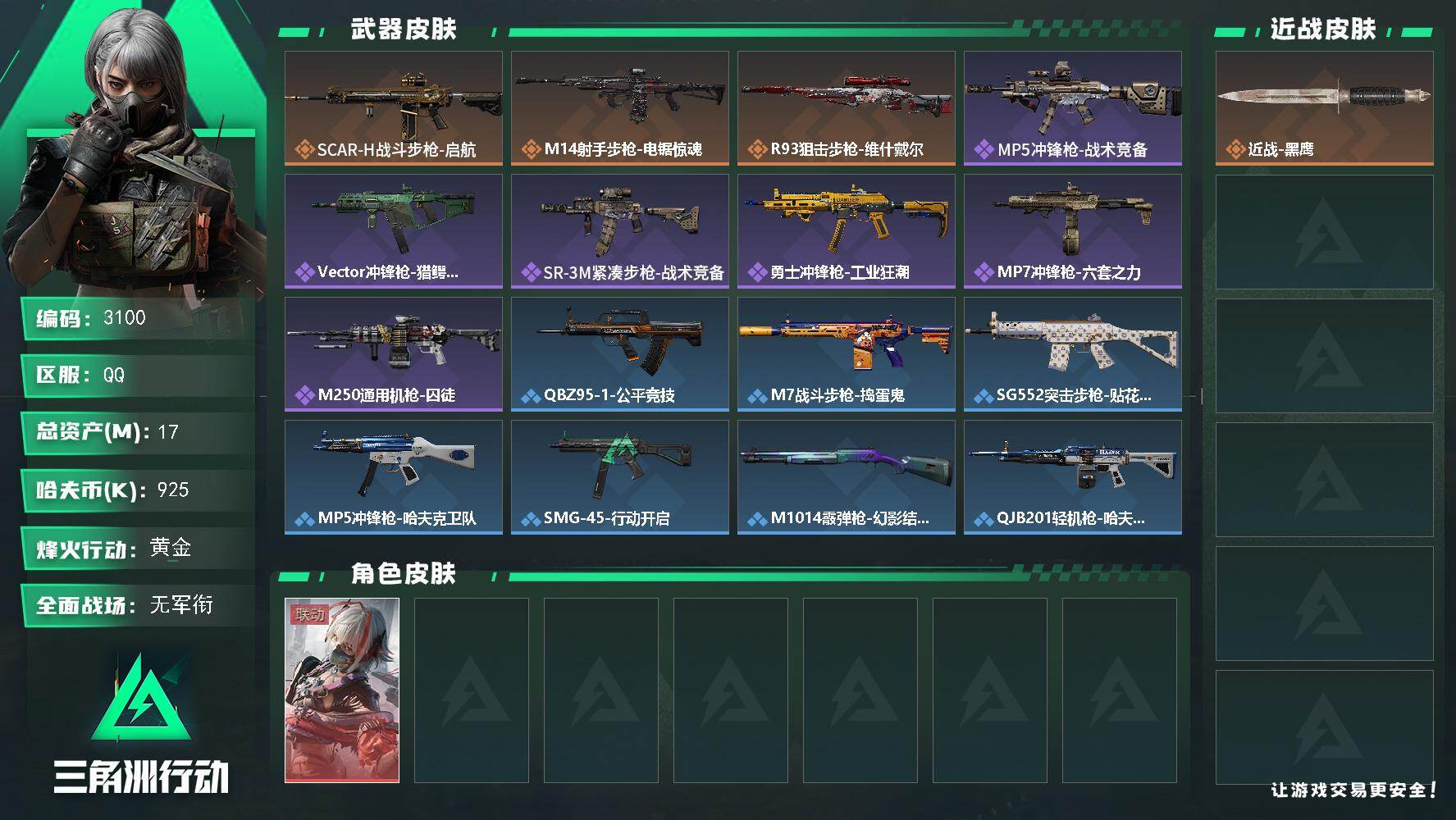 三角洲行动账号QQ【3100】总资产17M/哈夫币92万/干员外观数1/传说枪皮数3/战场等级1/行动等级54/安全箱