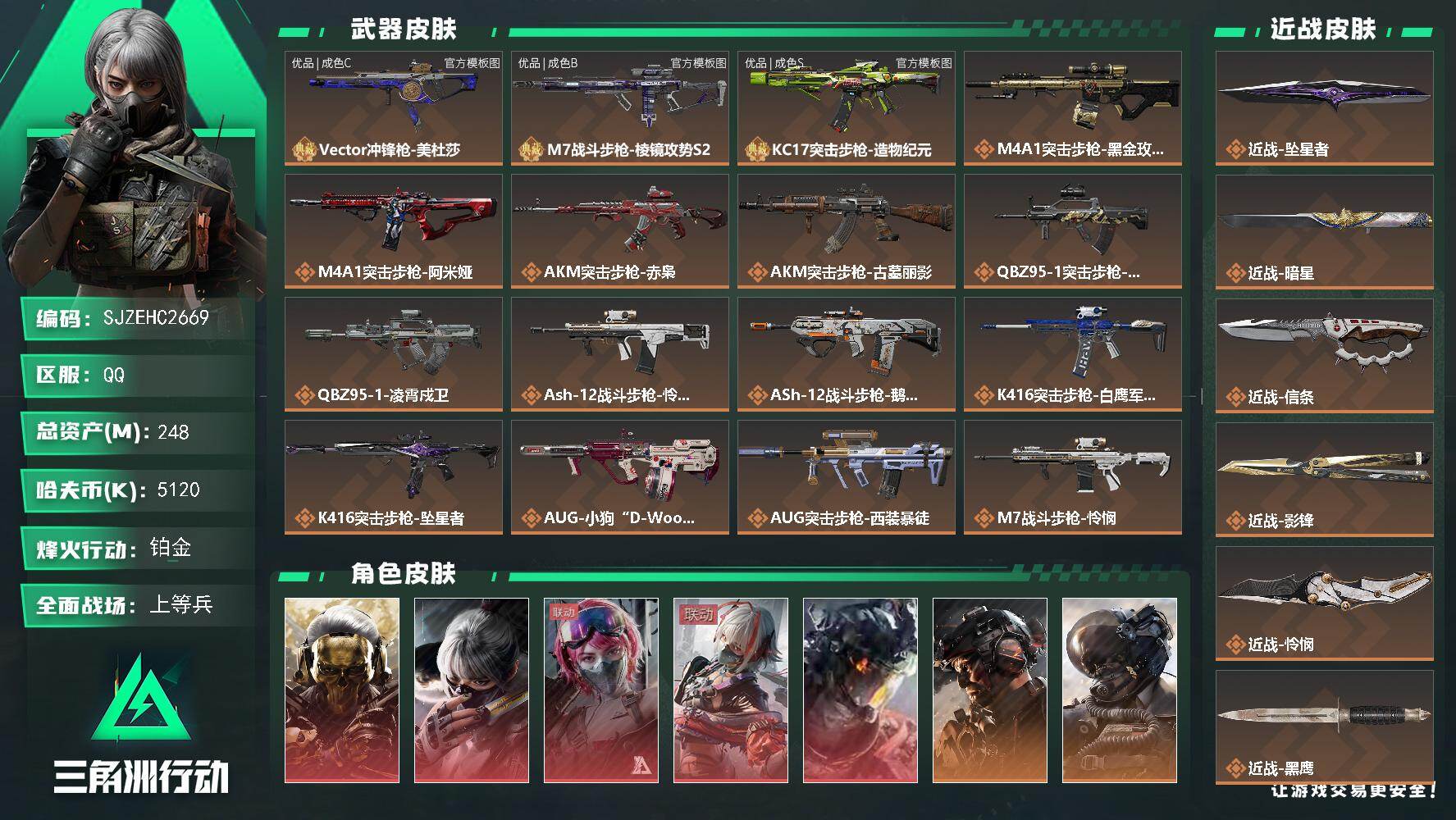 三角洲行动账号QQ【SJZEHC2669】EHC10390 5红皮，5刀皮，3砖皮，蚀金玫瑰，白龙，维什戴尔，水墨云图，能天使，怜悯，影锋，信条，暗星，坠星，m7优品b，kc17优品s，美杜莎，92发aw，
248m