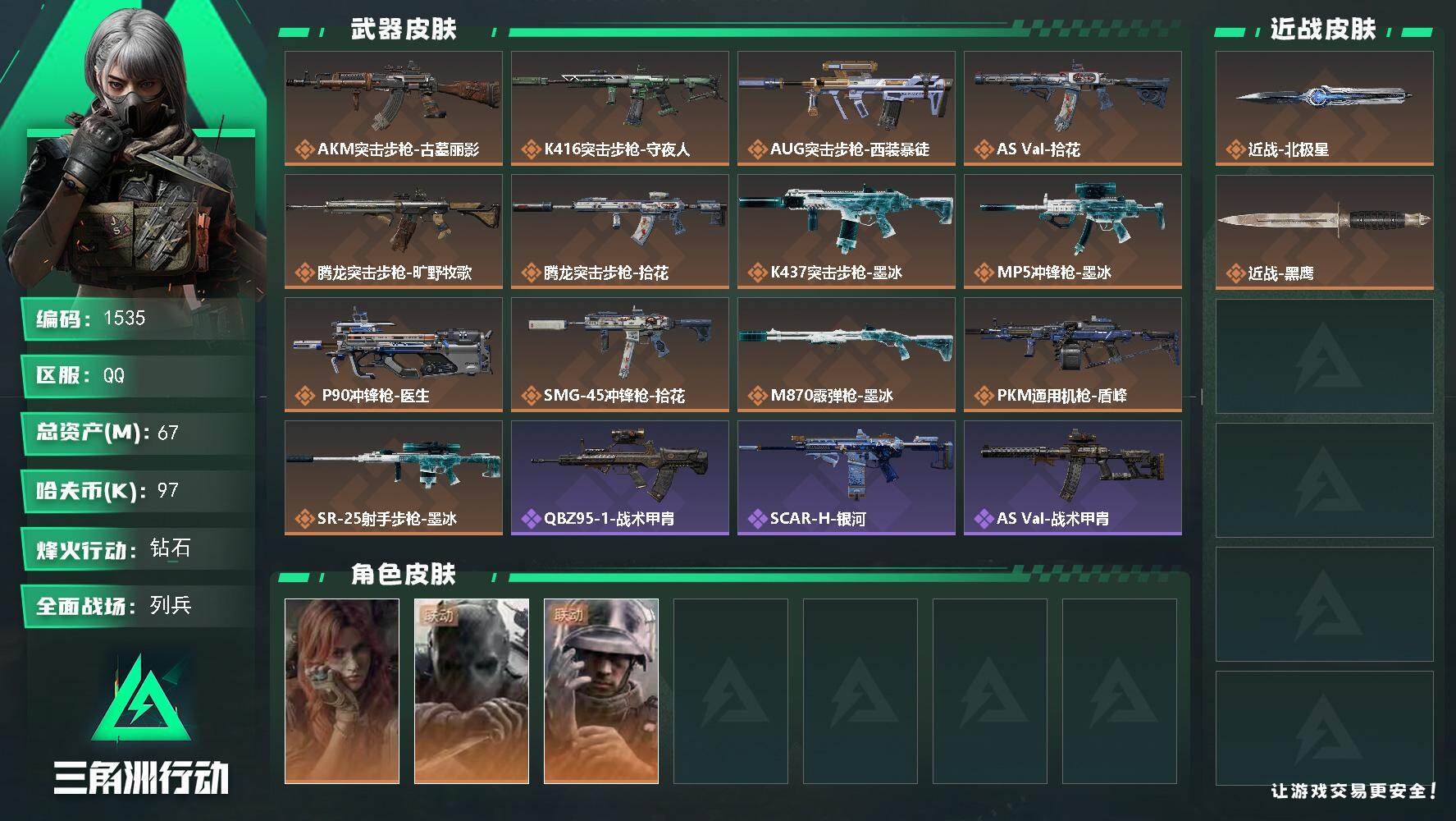 三角洲行动账号QQ67m总资产-97k哈夫币-60烽火等级-钻石-6战场等级-列兵
【干员外观】：疾风-西部往事，无名