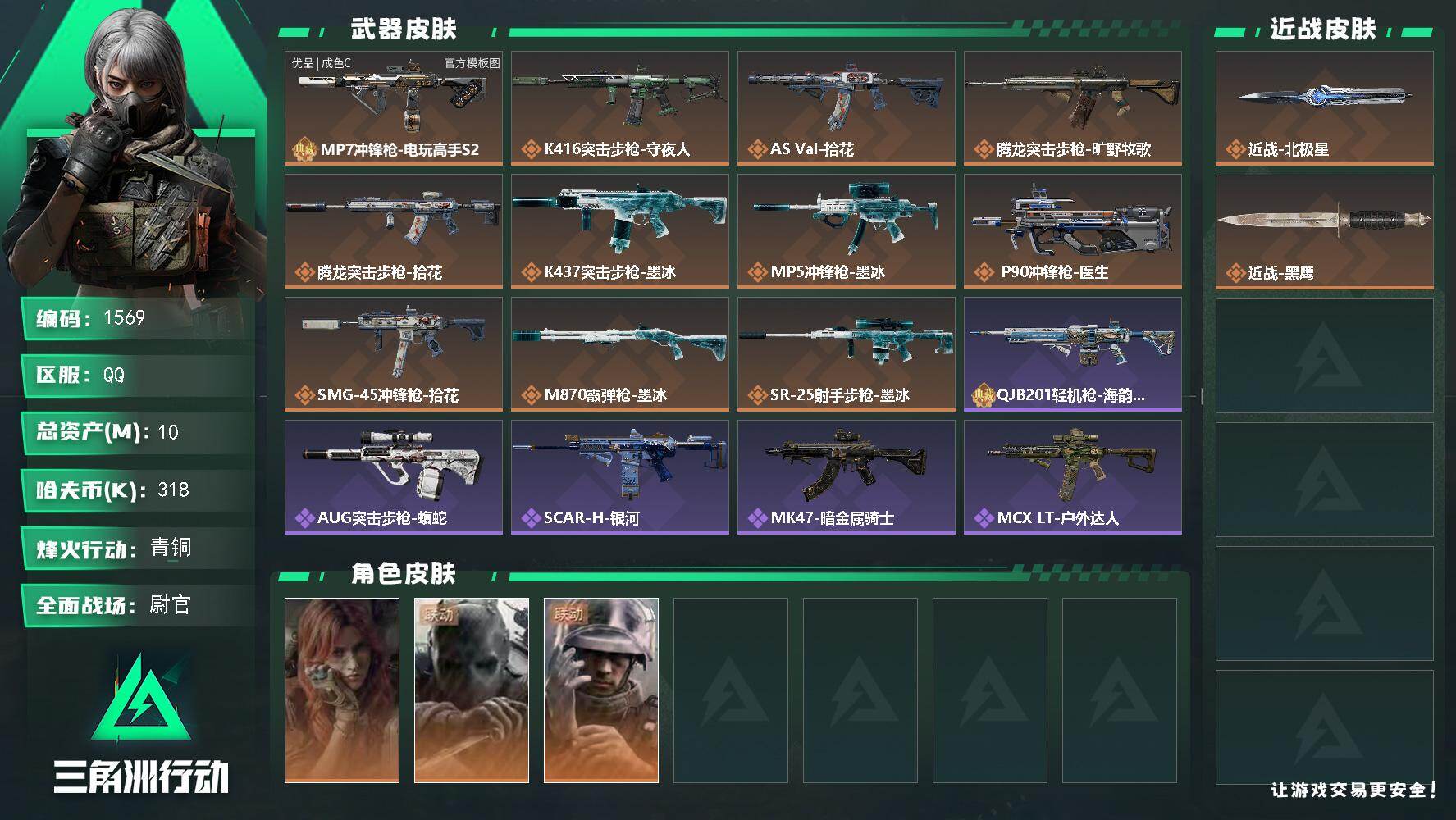 三角洲行动账号QQ10m总资产-318k哈夫币-52烽火等级-青铜-36战场等级-尉官
【干员外观】：疾风-西部往事，