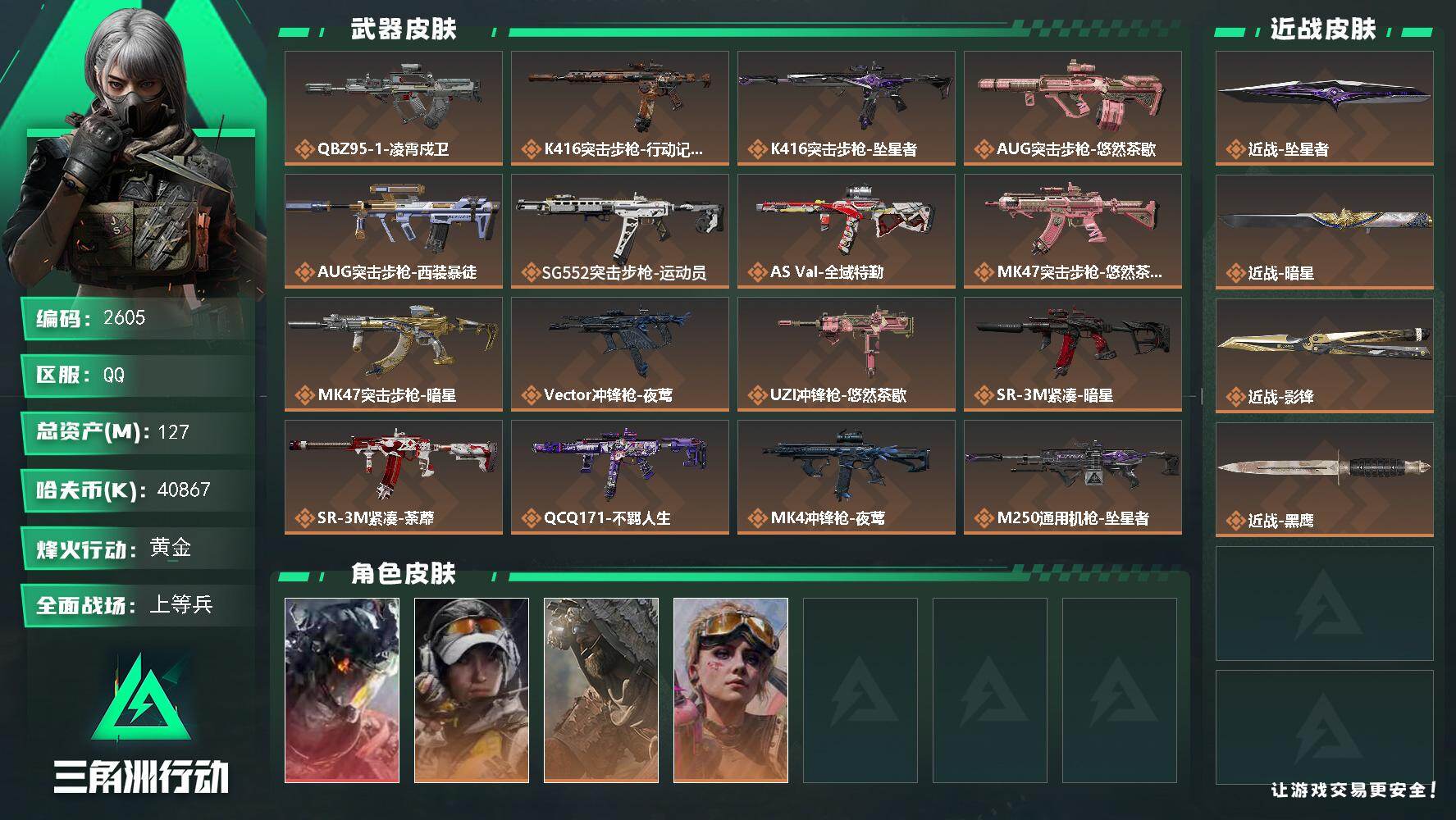 三角洲行动账号QQ127m总资产-40867k哈夫币-60烽火等级-黄金-26战场等级-上等兵
【干员外观】：威龙-凌