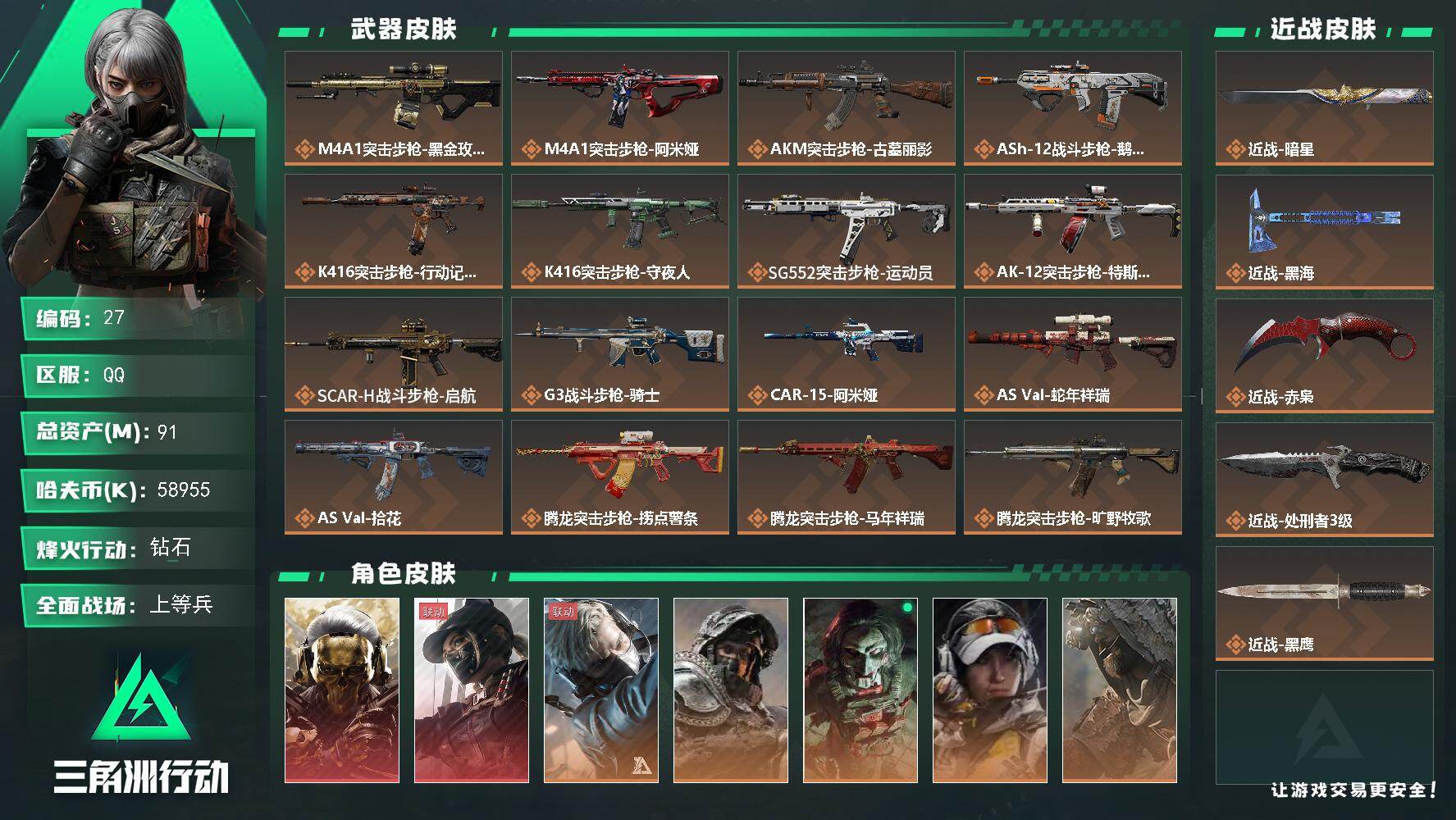 三角洲行动账号QQ91m总资产-58955k哈夫币-60烽火等级-钻石-50战场等级-上等兵
【干员外观】：红狼-蚀金