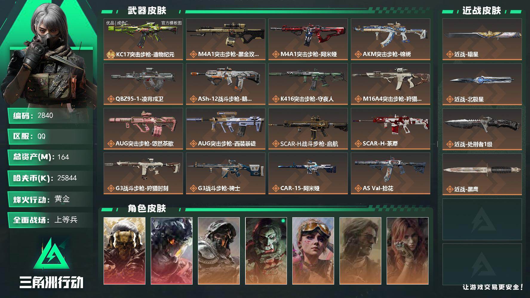 三角洲行动账号QQ164m总资产-25844k哈夫币-60烽火等级-黄金-43战场等级-上等兵
【干员外观】：红狼-蚀