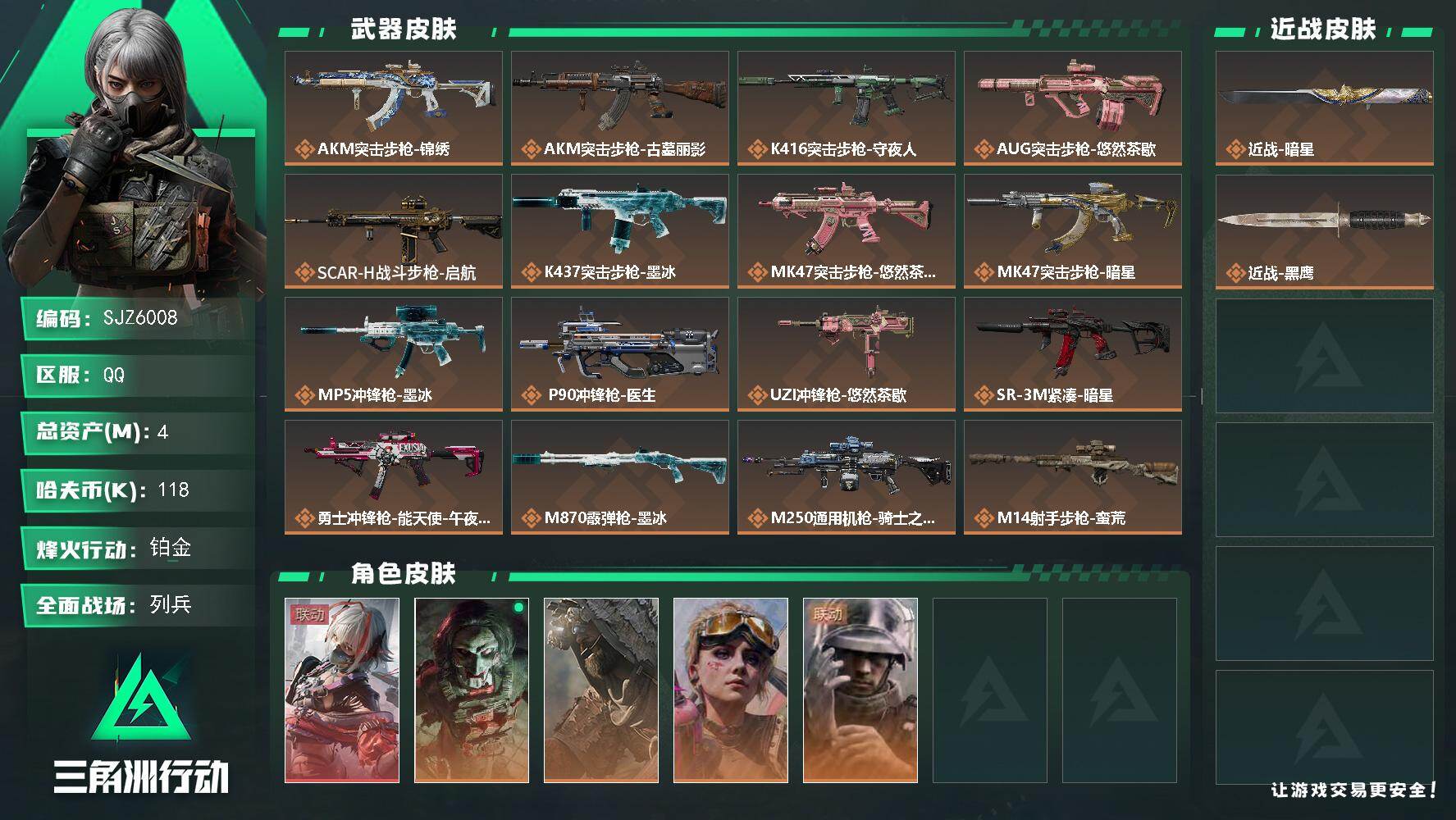 三角洲行动账号QQ4m总资产-118k哈夫币-60烽火等级-铂金-8战场等级-列兵
【干员外观】：骇爪-维什戴尔，红狼
