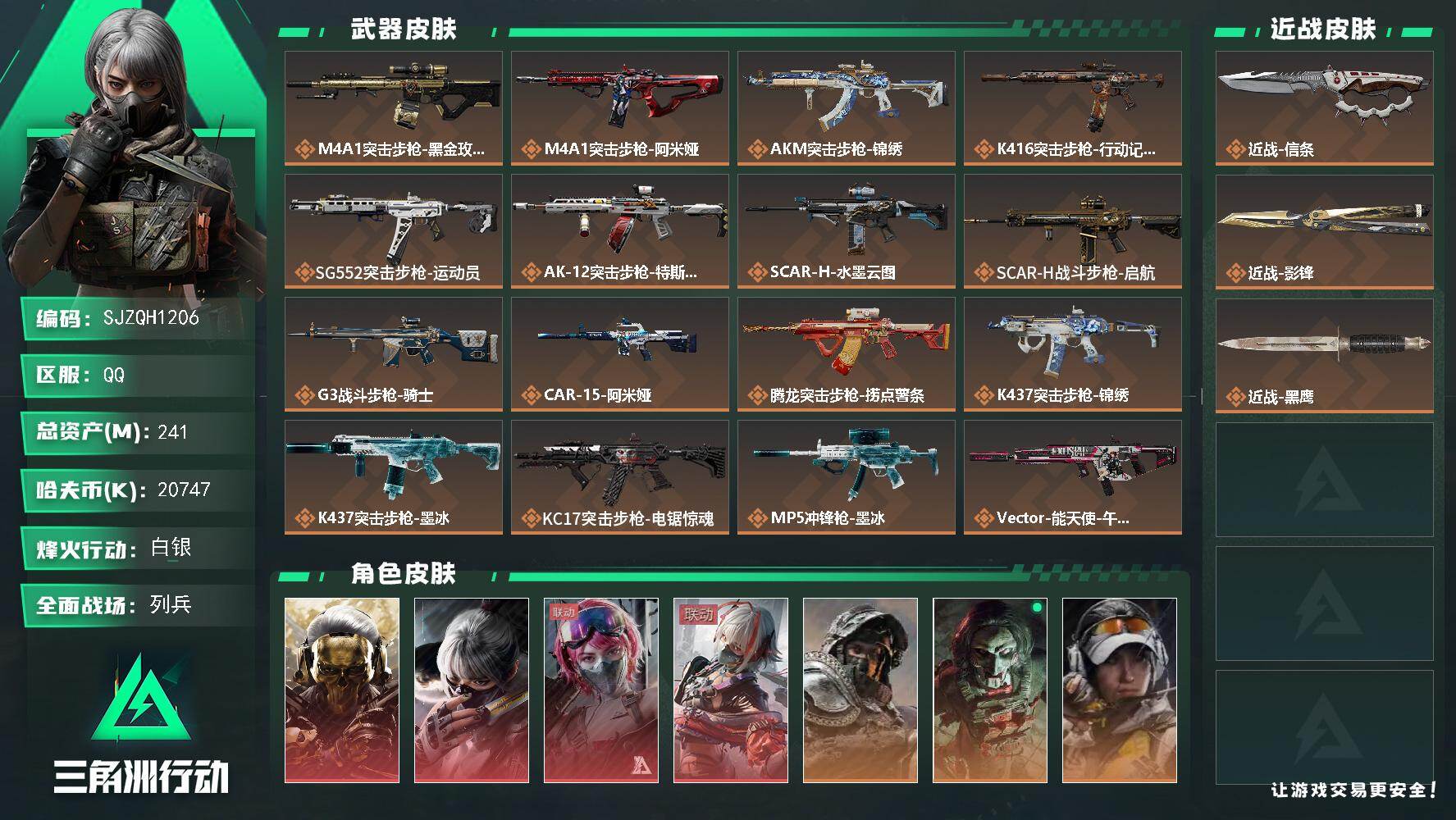 三角洲行动账号QQ【SJZQH1206】总资产241M/哈夫币2074万/传说近战数2/干员外观数7/传说枪皮数28/战场等级43/行动等级60/安全箱等时效性道具以游戏内数据为准，详情请看图/红狼-蚀金玫瑰/骇爪-