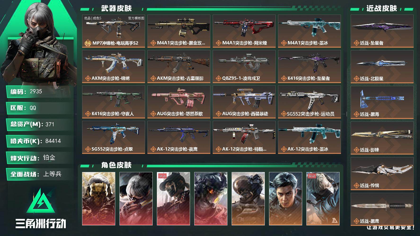 三角洲行动账号QQ371m总资产-84414k哈夫币-60烽火等级-铂金-38战场等级-上等兵
【干员外观】：红狼-蚀