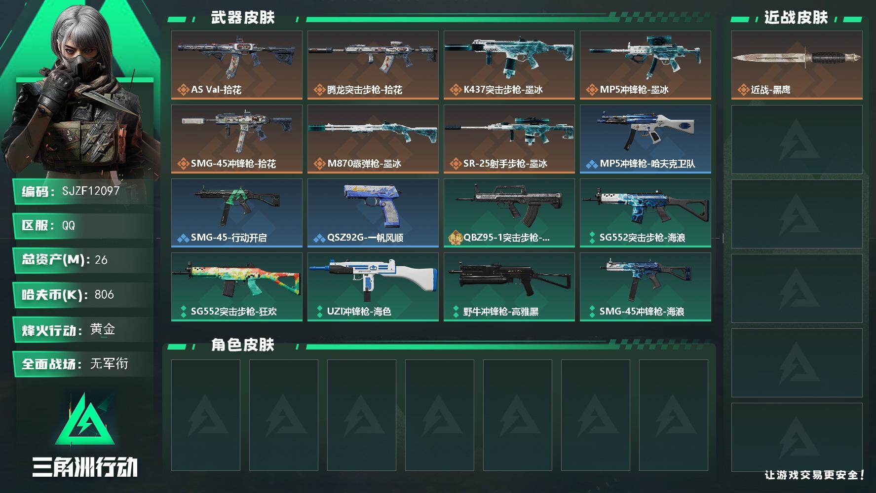 三角洲行动账号QQ【SJZF12097】总资产26M/哈夫币80万/传说枪皮数7/战场等级1/行动等级58/安全箱等时效性道具以游戏内数据为准，详情请看图/近战-黑鹰/AS Val突击步枪-拾花/腾龙突击步枪-拾花/