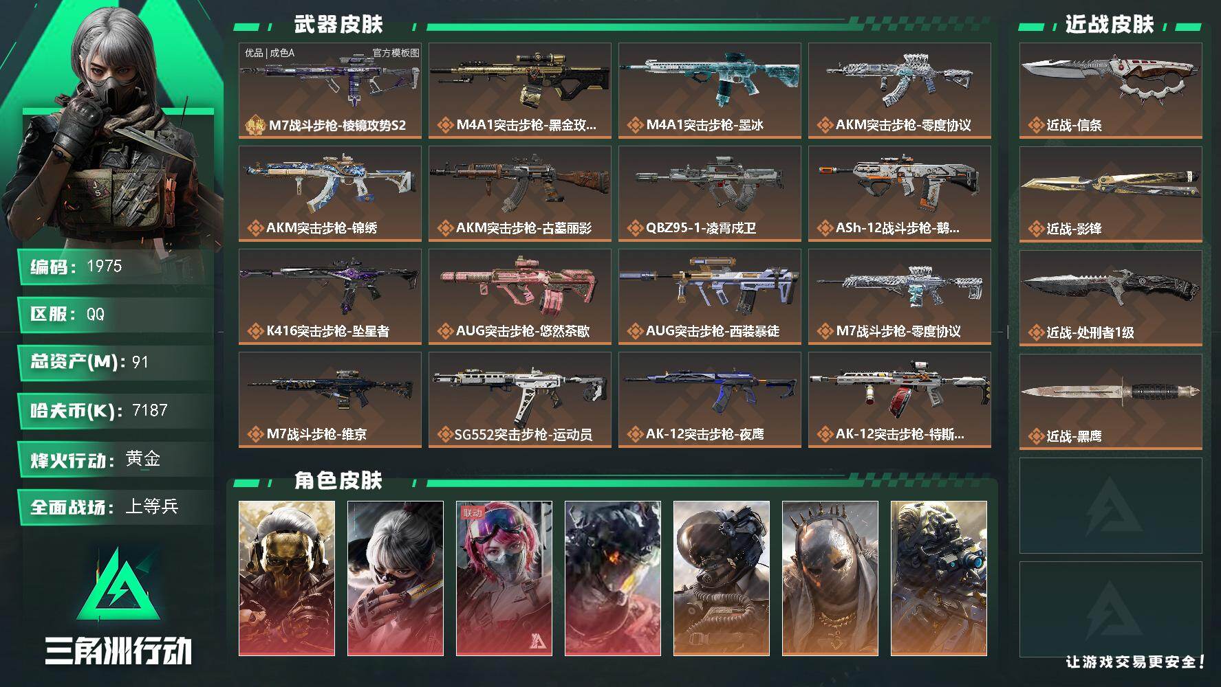 三角洲行动账号QQ91m总资产-7187k哈夫币-60烽火等级-黄金-38战场等级-上等兵
【干员外观】：红狼-蚀金玫