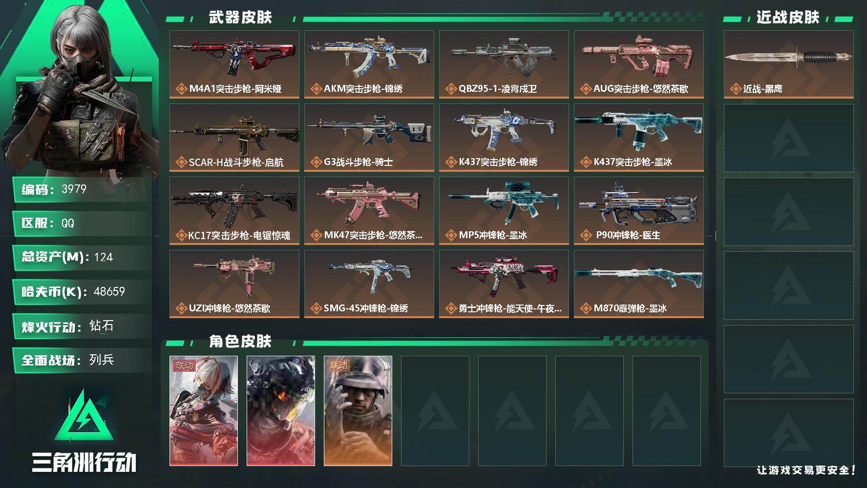 三角洲行动账号QQ【3979】总资产124M/哈夫币4865万/干员外观数3/传说枪皮数19/战场等级14/行动等级6