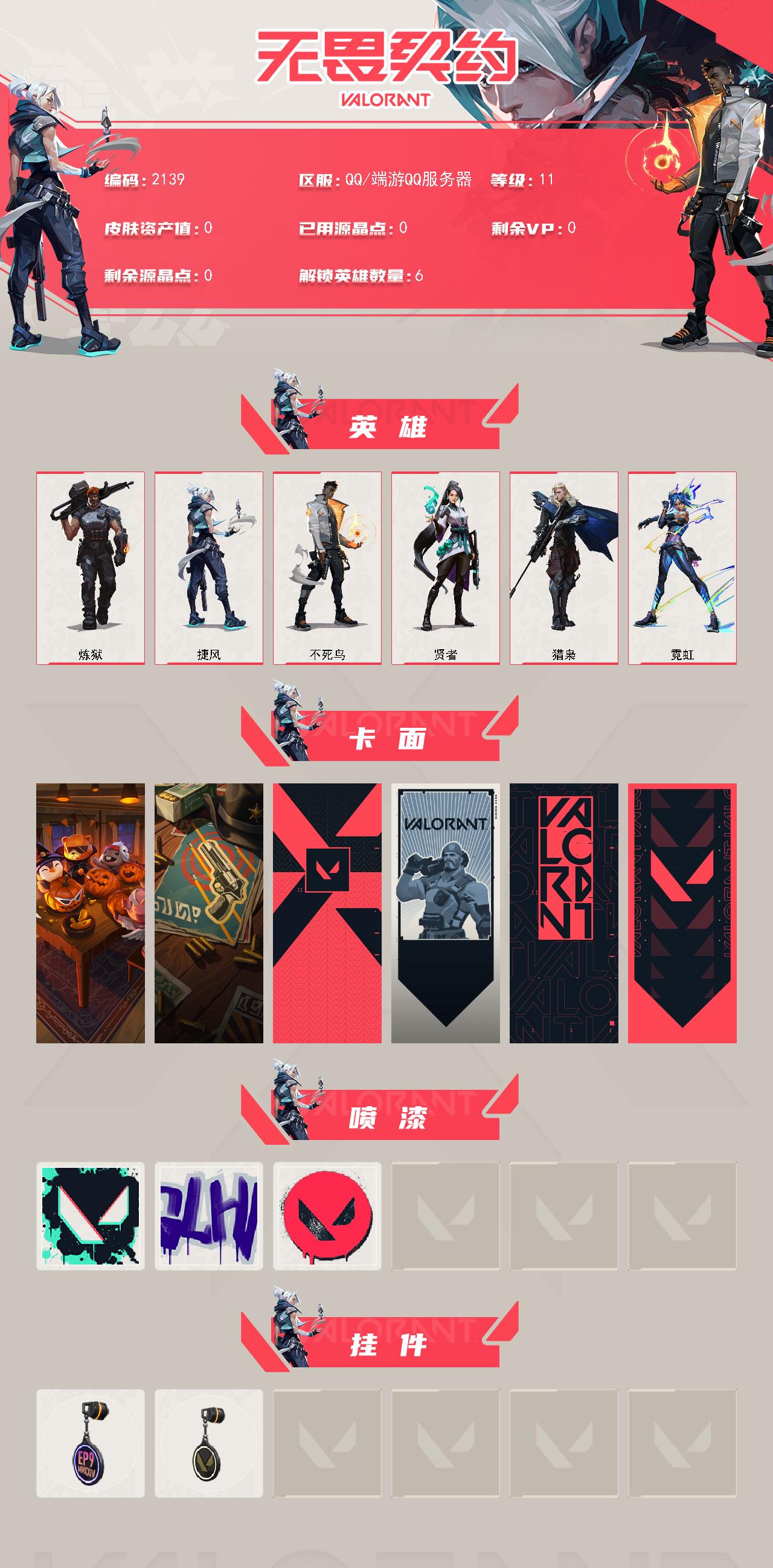 【英雄】：炼狱，捷风，不死鸟，贤者，猎枭，霓虹
【卡面】：南瓜盛典 卡面，正义的化身 卡面，代号红色 卡面，新兵报到 卡面，V契约 卡面，无畏契约 卡面
【喷漆】：胜利属于无畏契约 喷漆，GLHF 喷漆，无畏契约 喷漆
【挂饰】：第九季//第二幕 纪念币 挂饰，无畏契约 纪念币 挂饰
