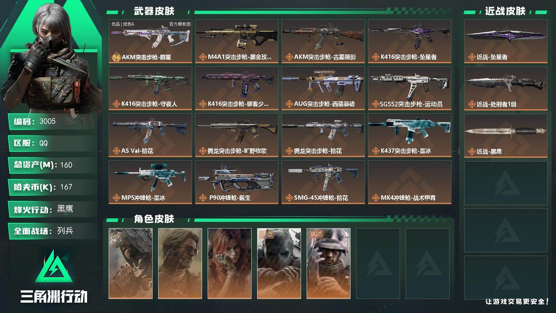 三角洲行动账号QQ160m总资产-167k哈夫币-60烽火等级-黑鹰-12战场等级-列兵
【干员外观】：乌鲁鲁-荒原猎