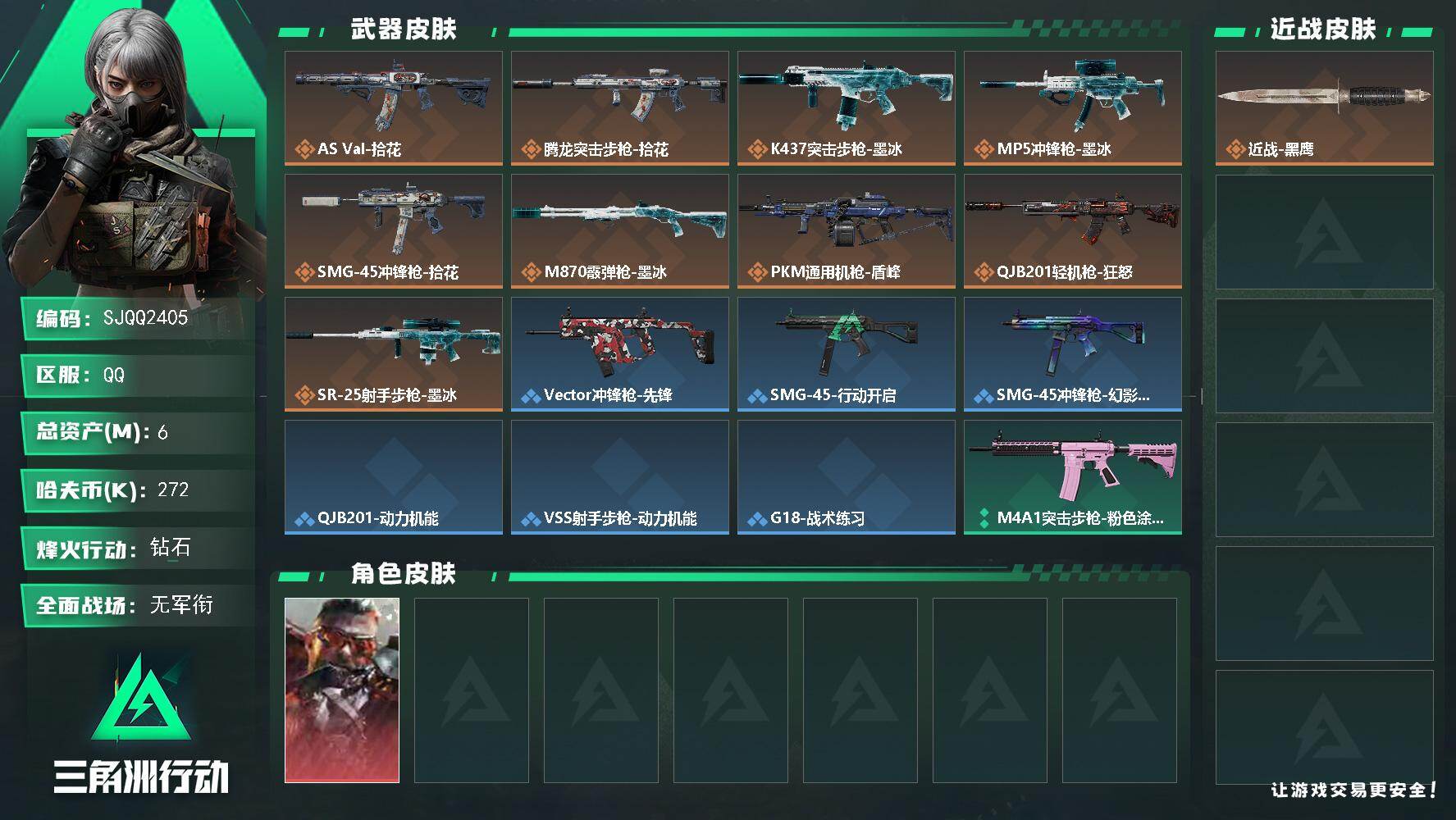 三角洲行动账号QQ【SJQQ2405】总资产6M/哈夫币27万/干员外观数1/传说枪皮数9/战场等级1/行动等级47/安全箱等时效性道具以游戏内数据为准，详情请看图/乌鲁鲁-狂怒/近战-黑鹰/AS Val突击步枪-拾